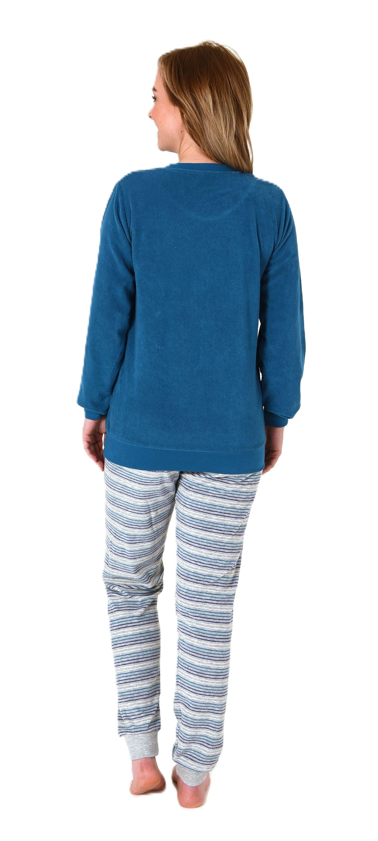 Damen Frottee Pyjama Schlafanzug mit Bündchen und süssen Tiermotiv + gestreifter Hose Damen Frottee Pyjama Schlafanzug mit Bündchen und süssen Tiermotiv + gestreifter Hose