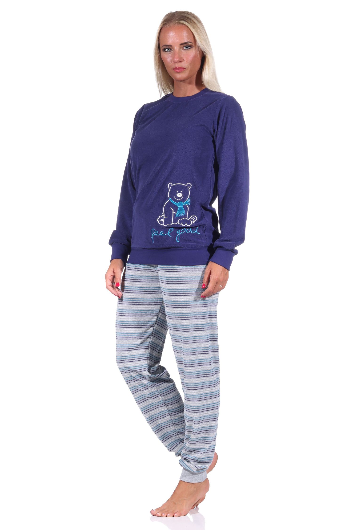 Damen Frottee Pyjama Schlafanzug mit Bündchen und süssen Tiermotiv + gestreifter Hose Damen Frottee Pyjama Schlafanzug mit Bündchen und süssen Tiermotiv + gestreifter Hose