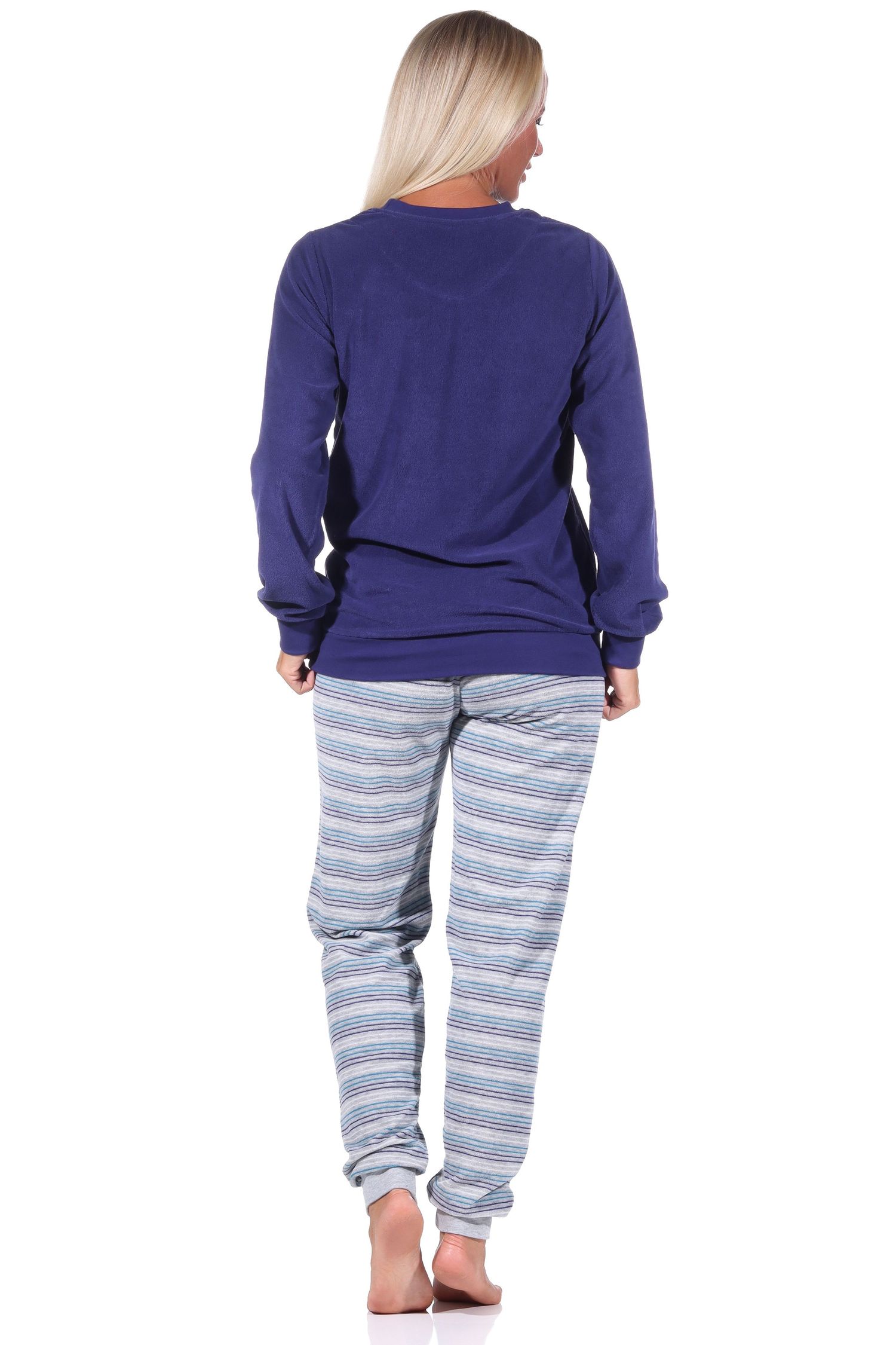 Damen Frottee Pyjama Schlafanzug mit Bündchen und süssen Tiermotiv + gestreifter Hose Damen Frottee Pyjama Schlafanzug mit Bündchen und süssen Tiermotiv + gestreifter Hose