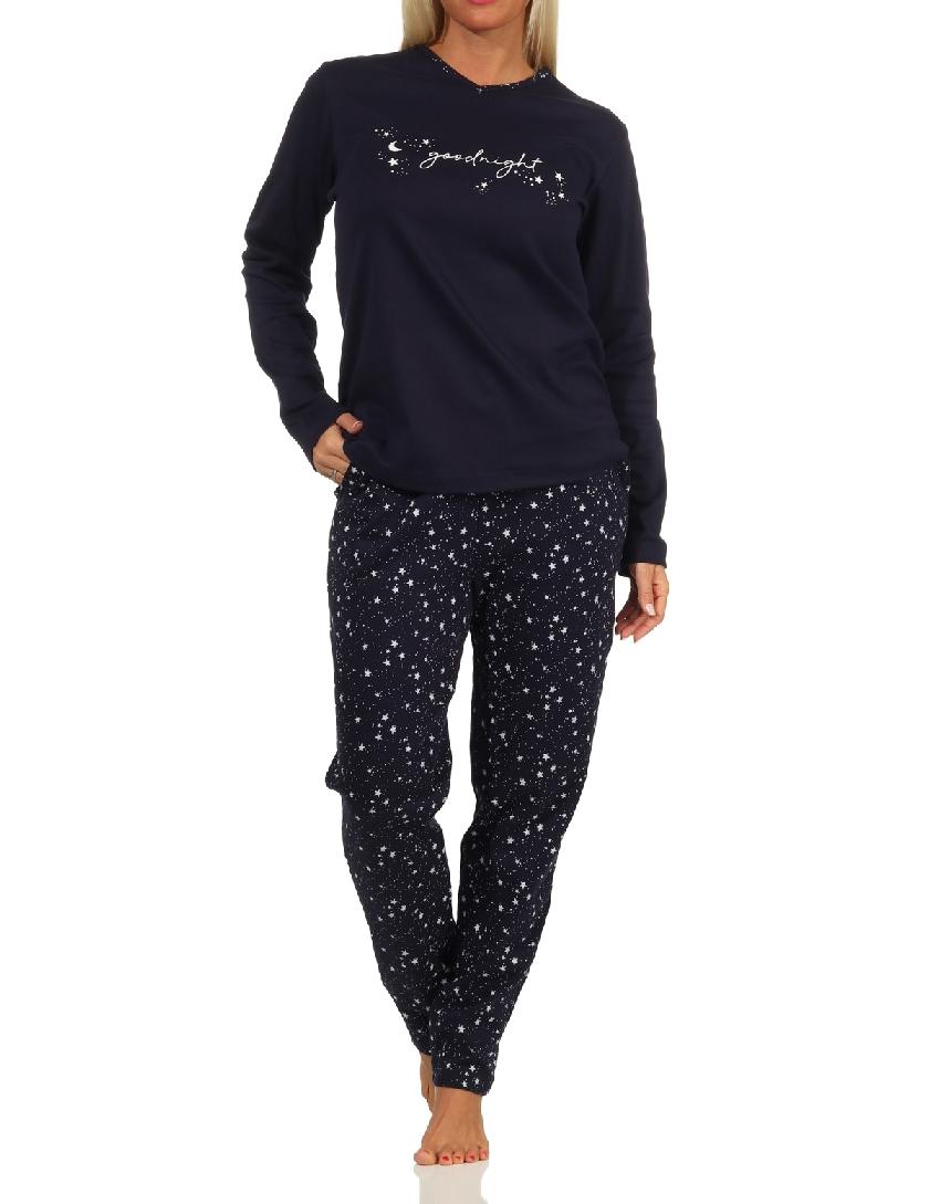 Damen Pyjama langarm Schlafanzug in Kuschel Interlock Qualität in cooler Sterne Optik