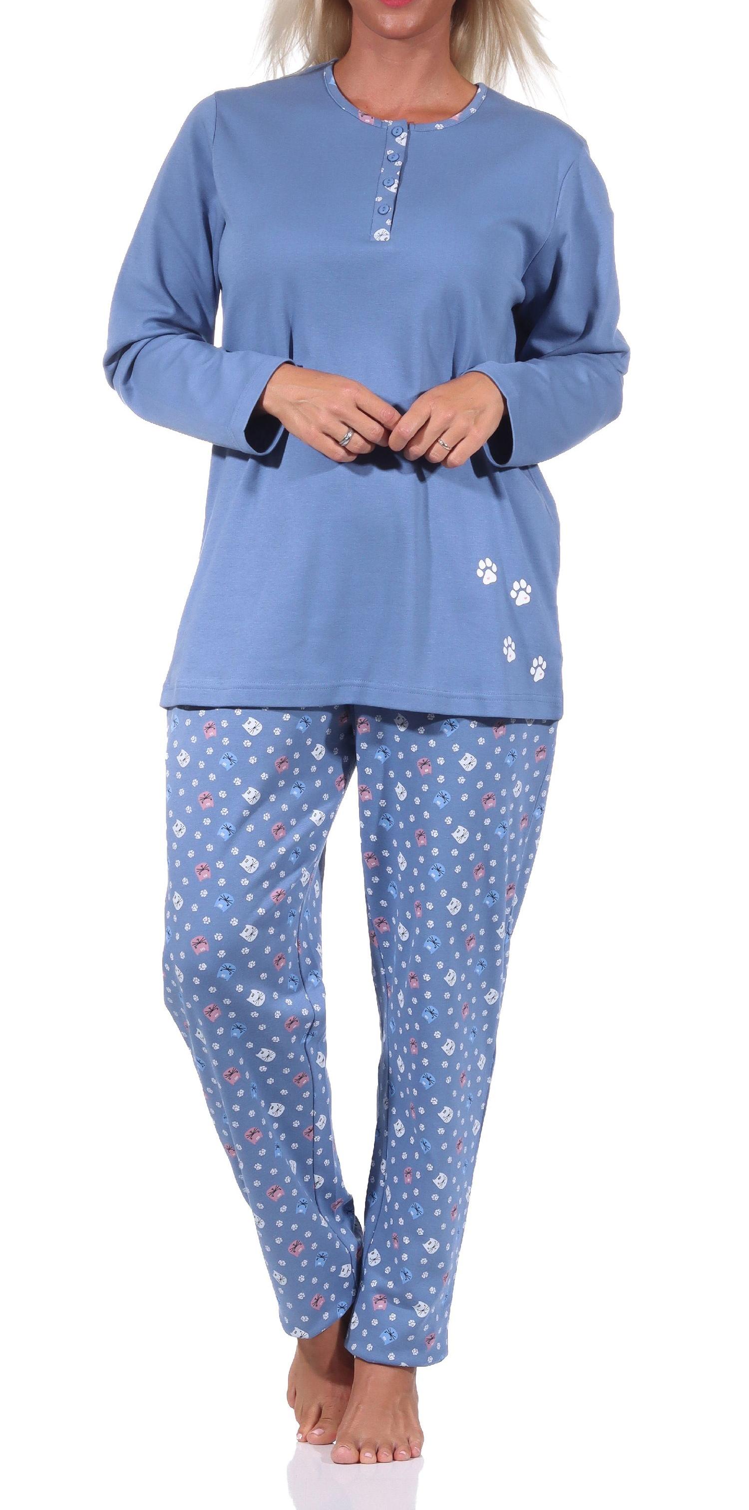 Damen Pyjama langarm Schlafanzug in Kuschel Interlock Qualität mit niedlichem Tier Motiv Damen Pyjama langarm Schlafanzug in Kuschel Interlock Qualität mit niedlichem Tier Motiv