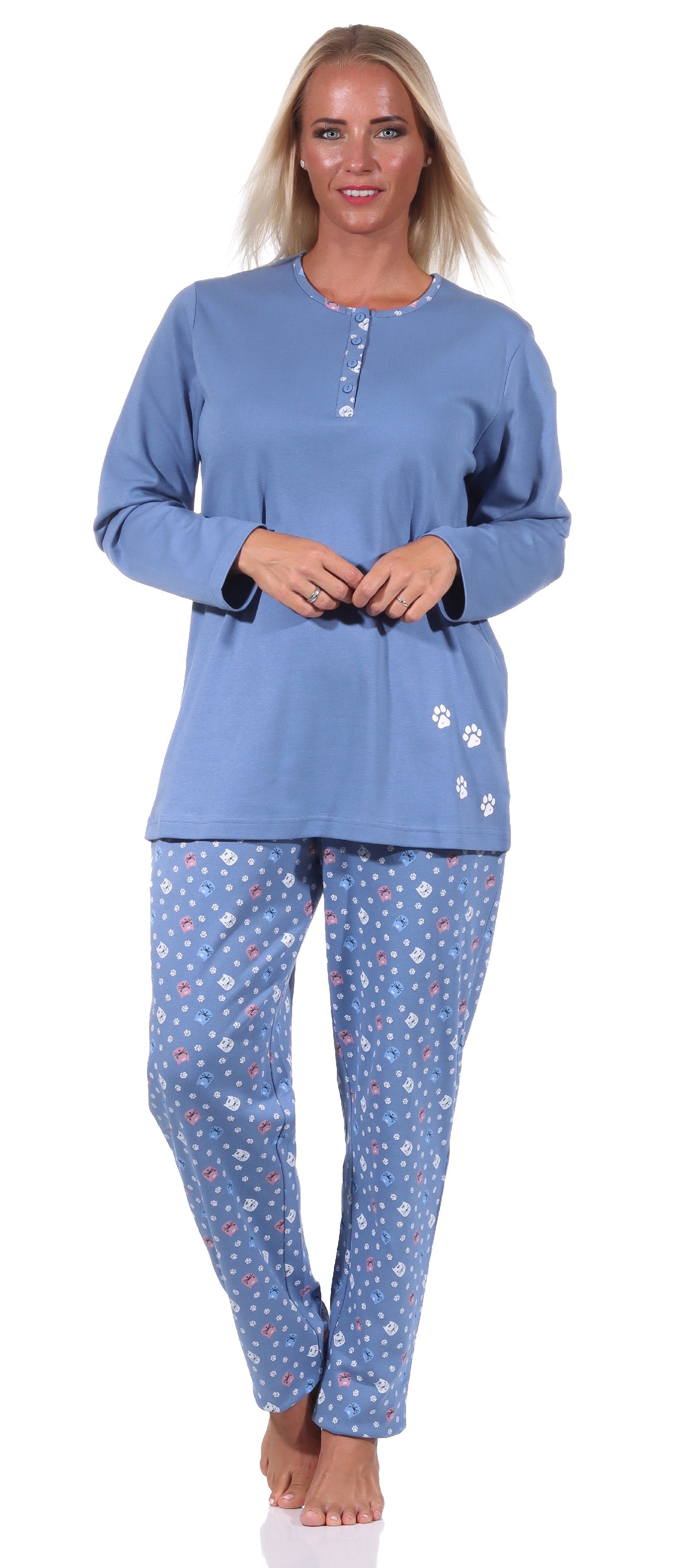 Damen Pyjama langarm Schlafanzug in Kuschel Interlock Qualität mit niedlichem Tier Motiv