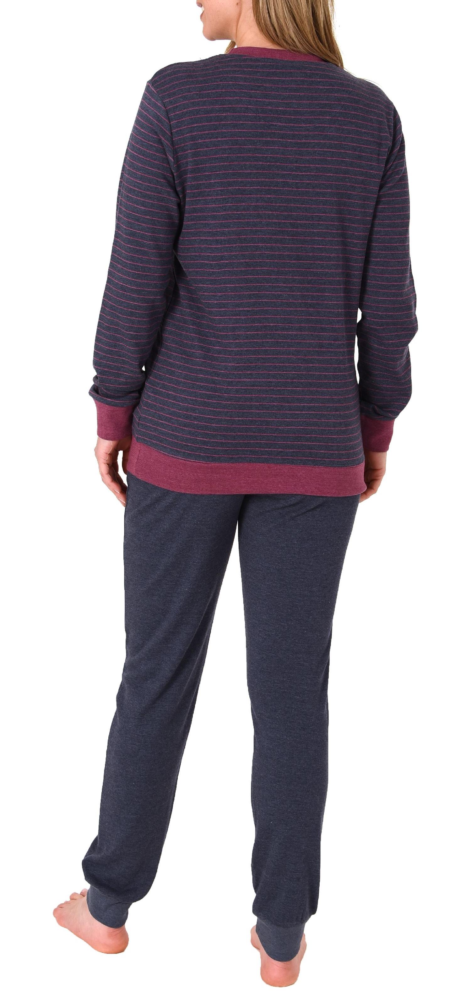 Kuscheliger Damen Pyjama mit Bündchen, Streifenoptik + Sternenmotiv - auch in Übergrössen