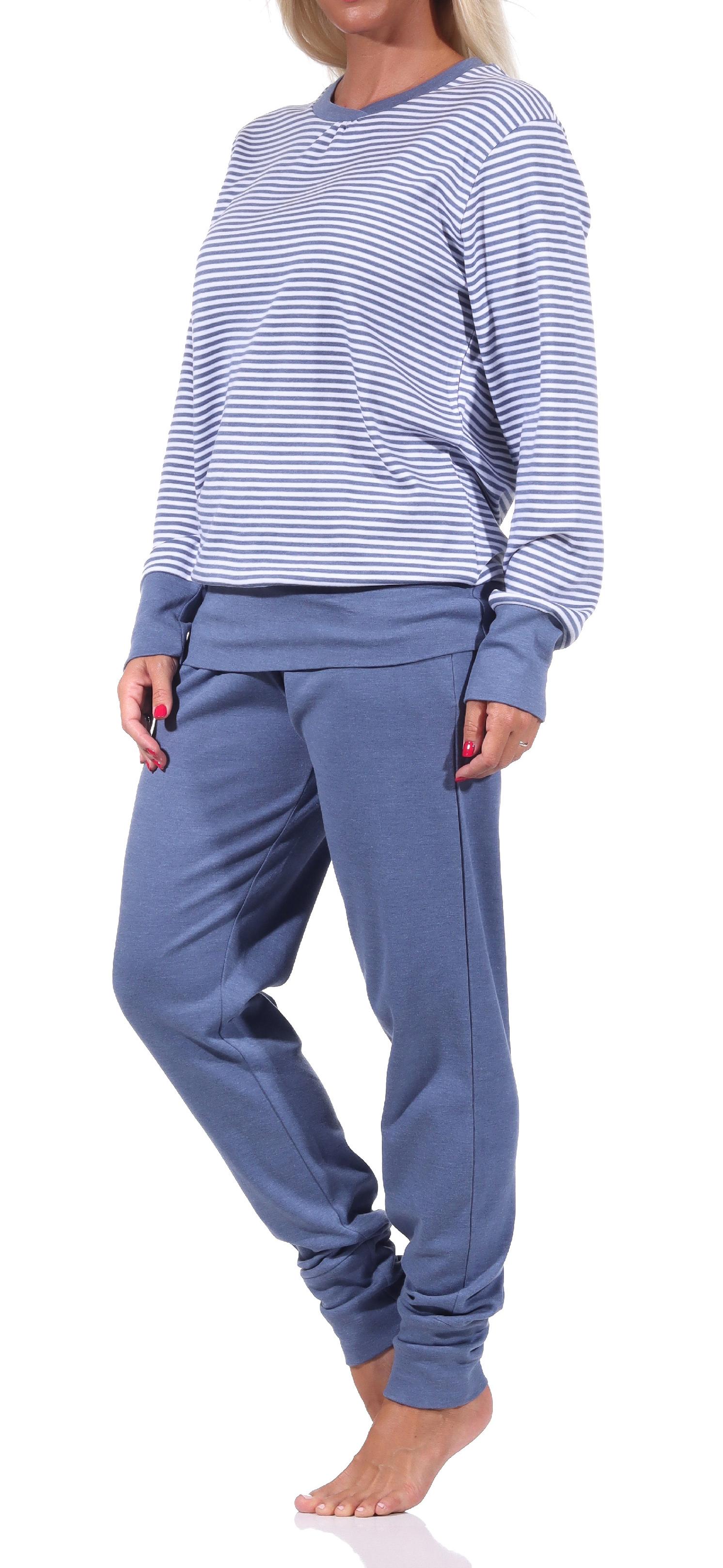 Kuscheliger Damen Pyjama langarm Schlafanzug mit Bündchen in Streifenoptik - 212 96 258