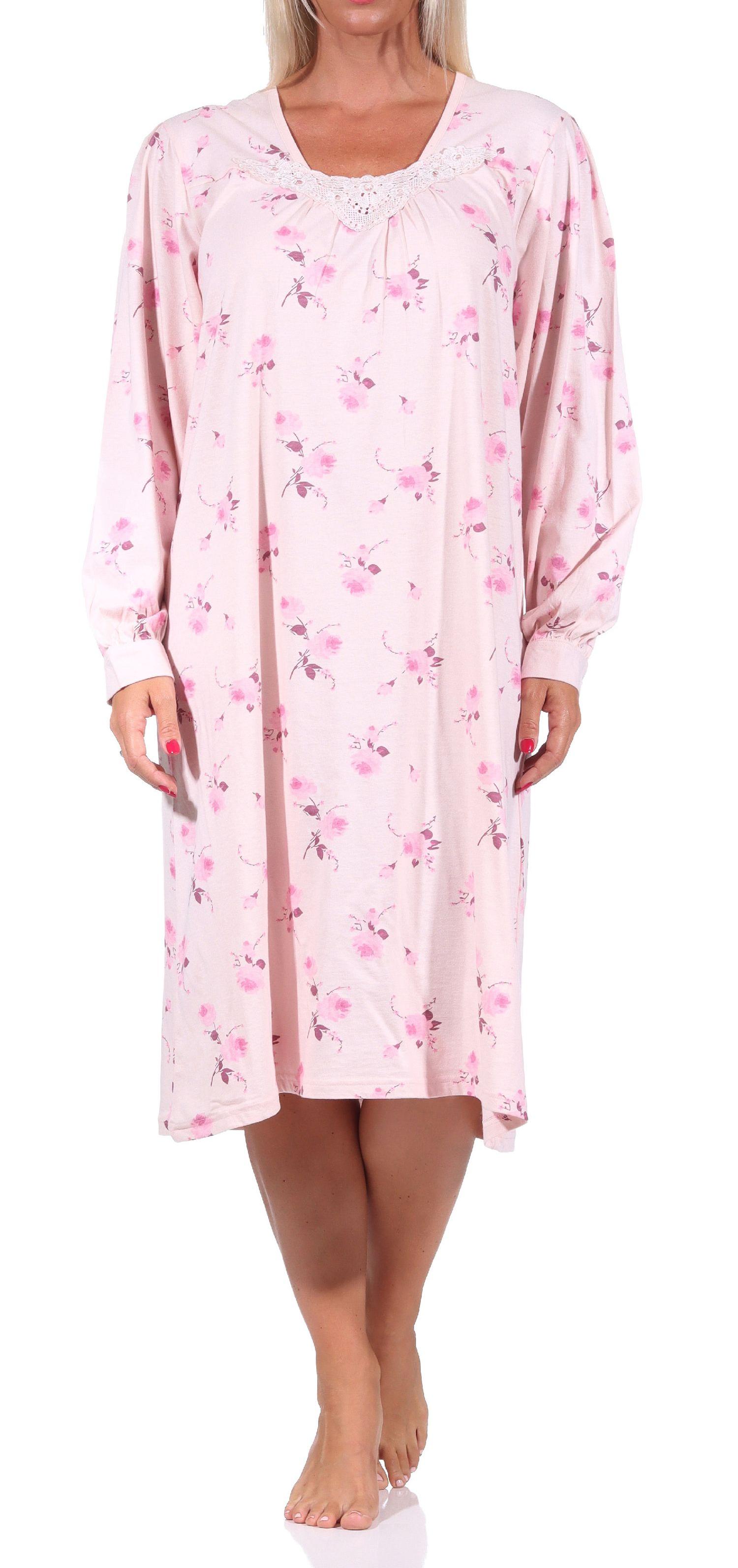 Elegantes frauliches Damen Nachthemd mit Spitze, 105 cm Länge, Knopfleiste am Hals