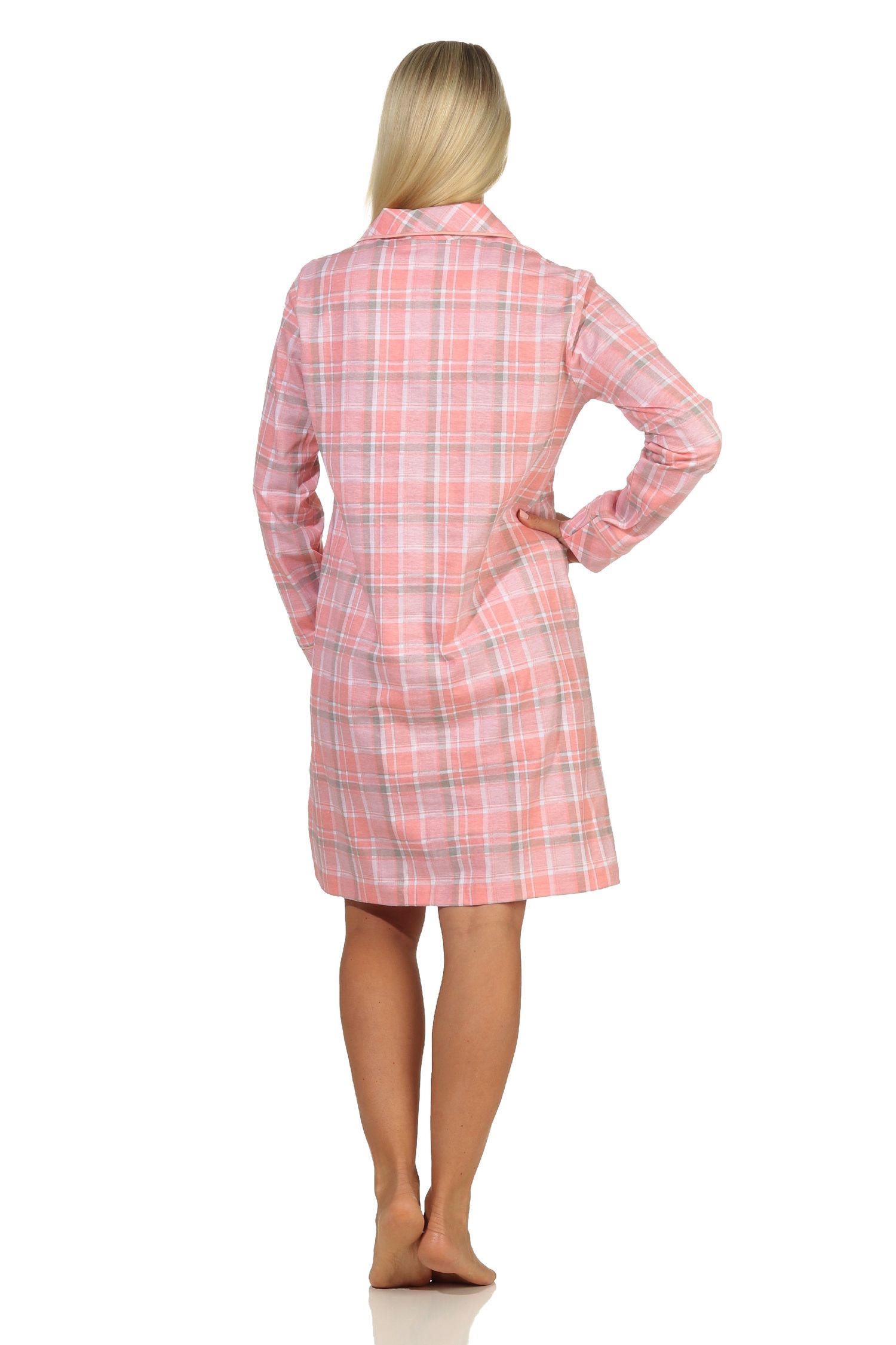 Damen Nachthemd langarm in Karopotik zum durchknöpfen in Single Jersey Qualität