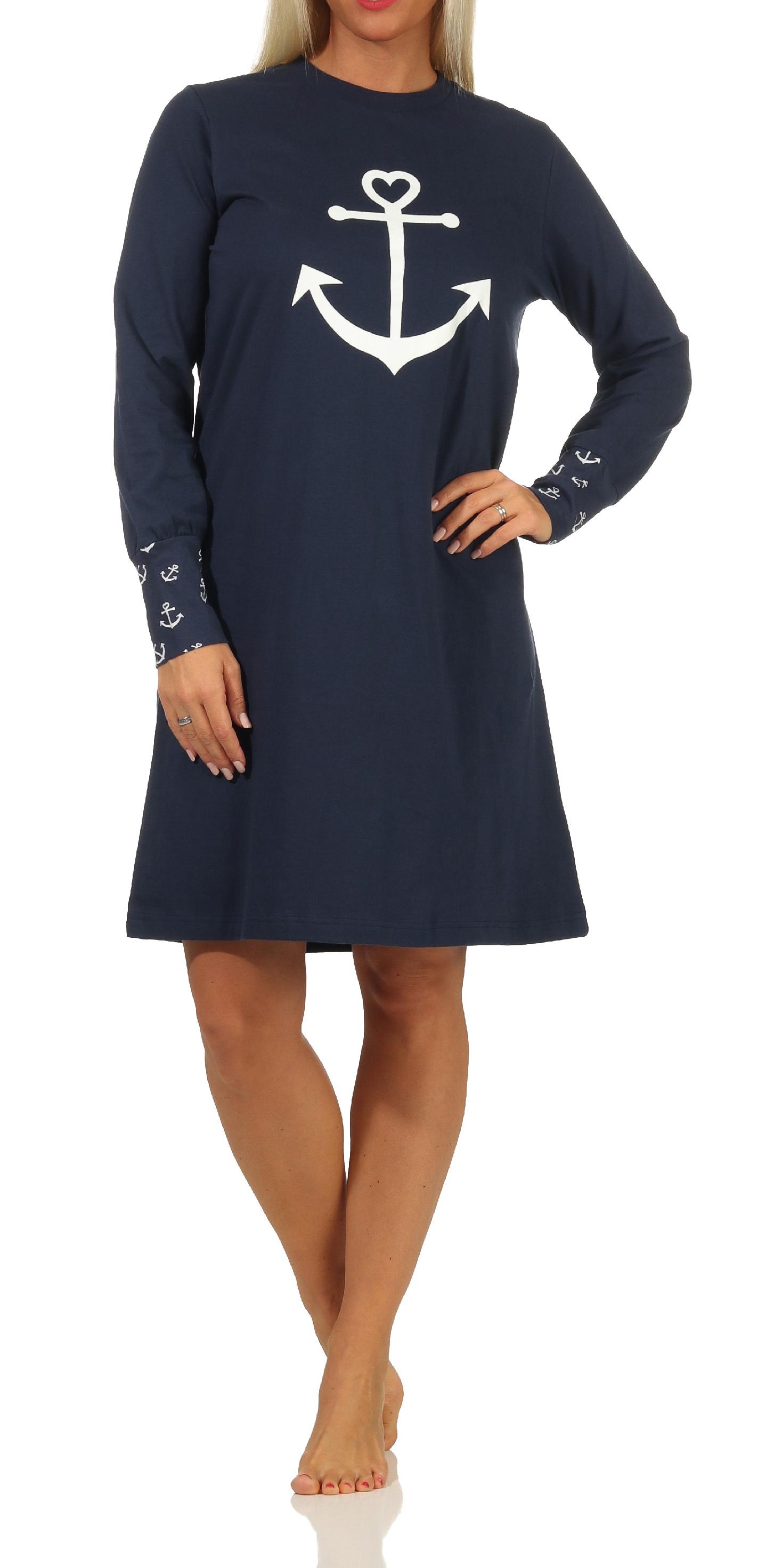 Damen Nachthemd mit Bündchen in maritimer Optik mit Anker als Motiv - auch in Übergrössen