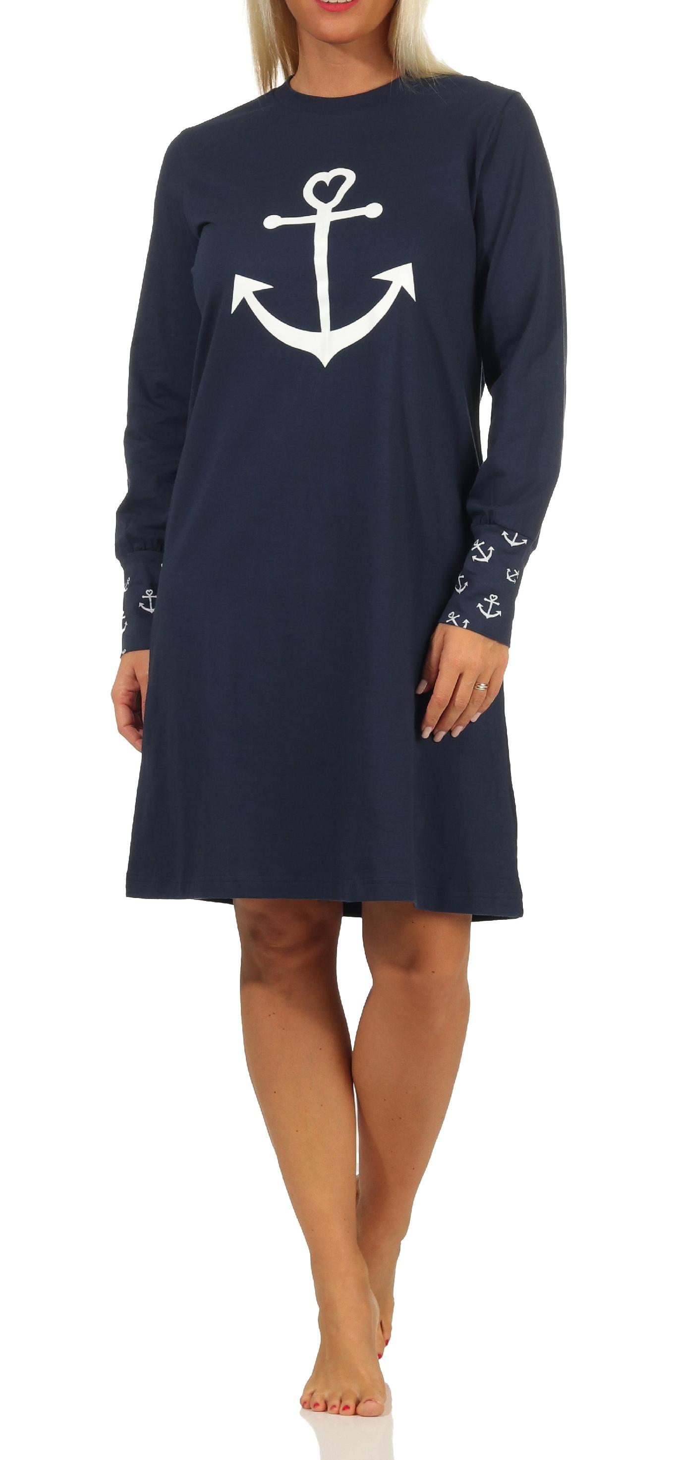 Damen Nachthemd mit Bündchen in maritimer Optik mit Anker als Motiv - auch in Übergrössen
