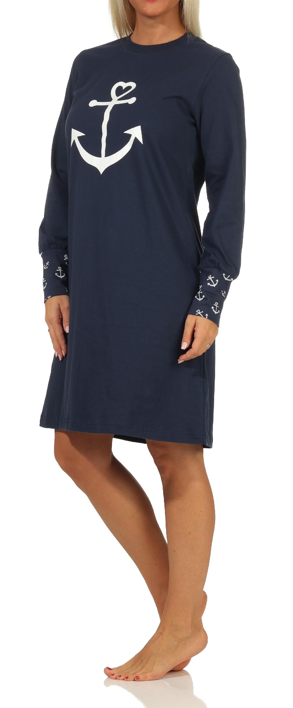 Damen Nachthemd mit Bündchen in maritimer Optik mit Anker als Motiv - auch in Übergrössen
