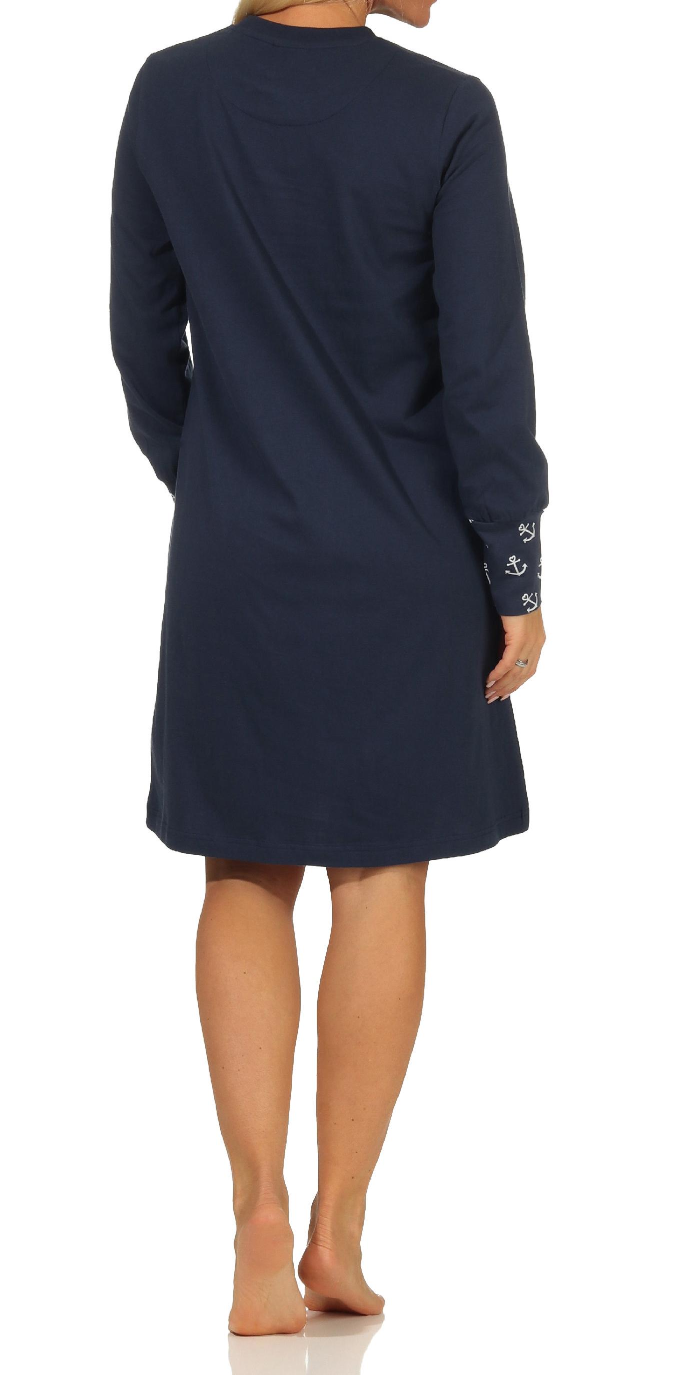 Damen Nachthemd mit Bündchen in maritimer Optik mit Anker als Motiv - auch in Übergrössen