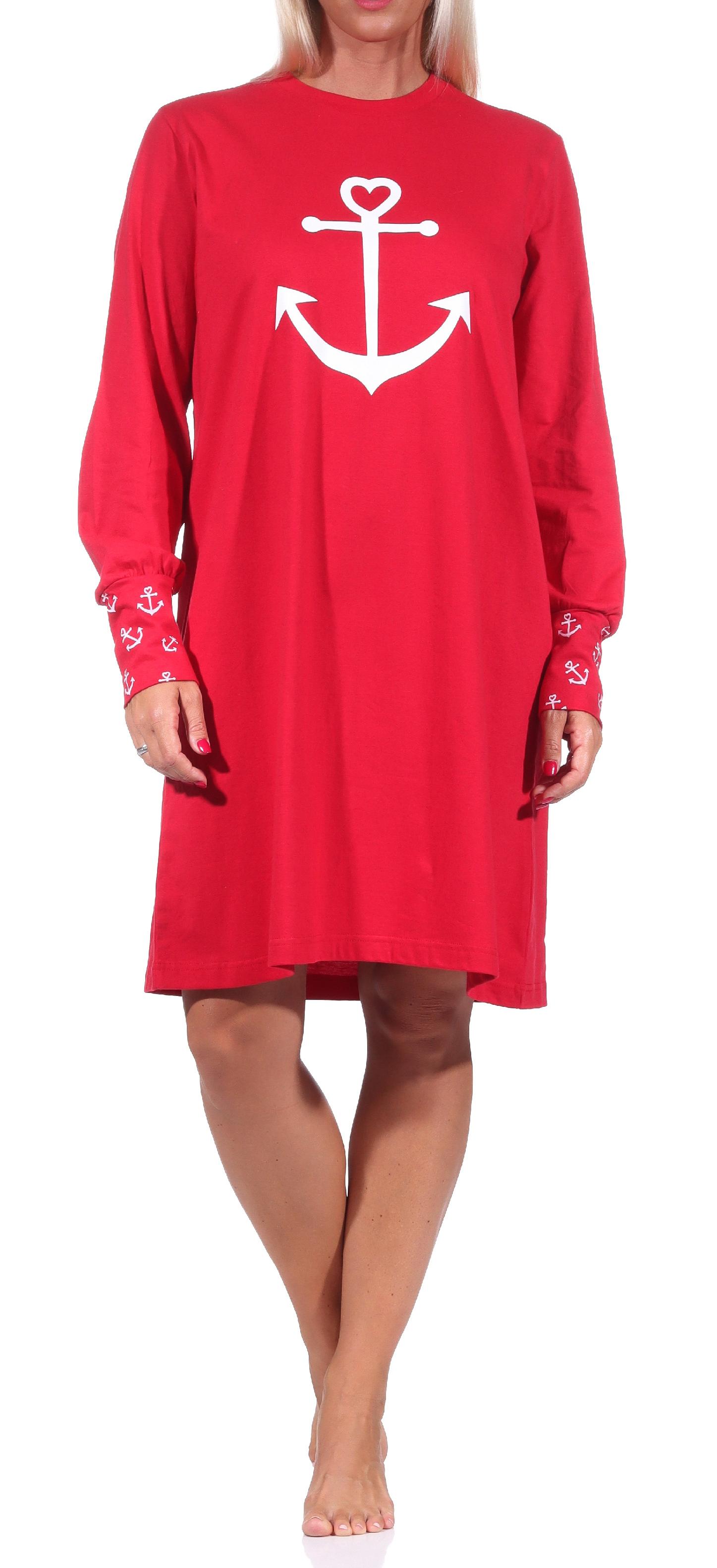 Damen Nachthemd mit Bündchen in maritimer Optik mit Anker als Motiv - auch in Übergrössen