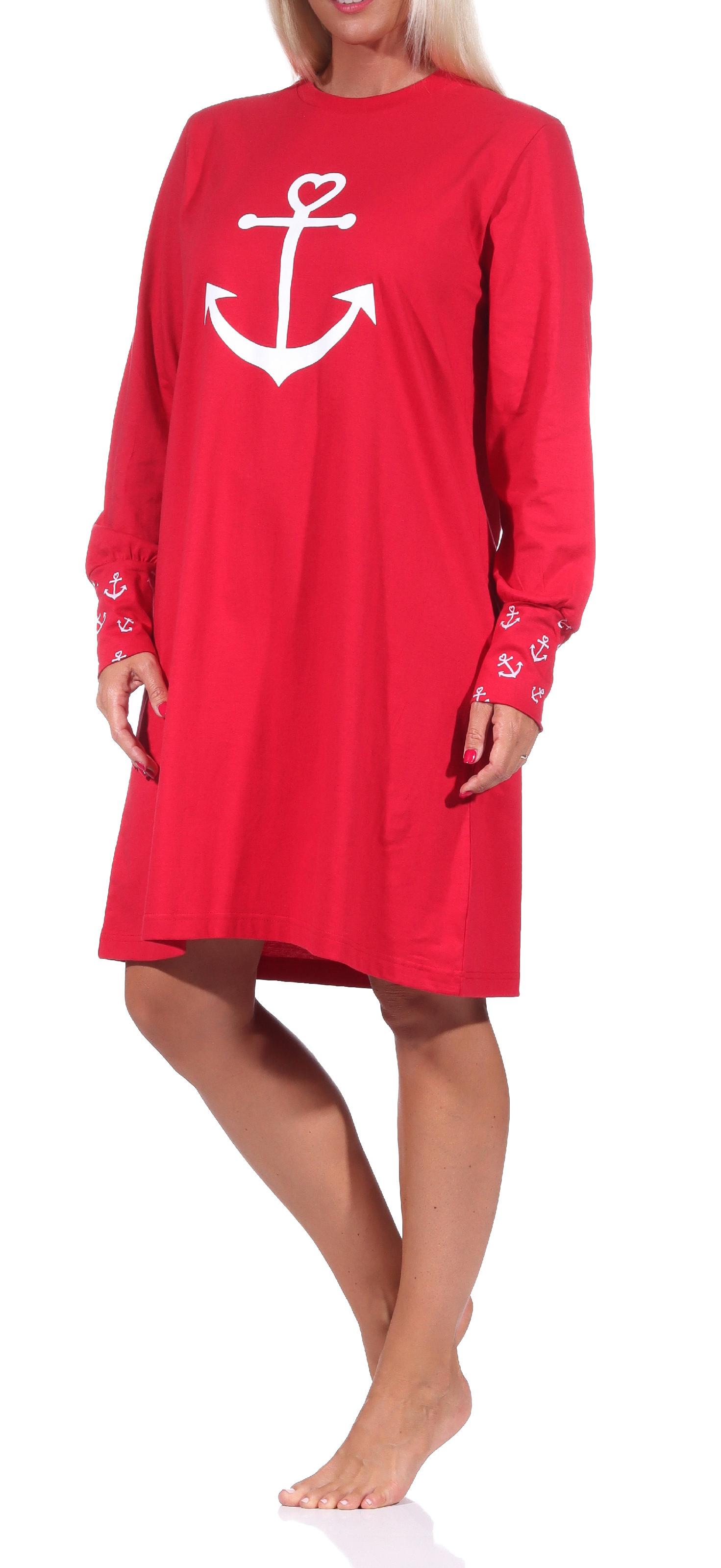 Damen Nachthemd mit Bündchen in maritimer Optik mit Anker als Motiv - auch in Übergrössen