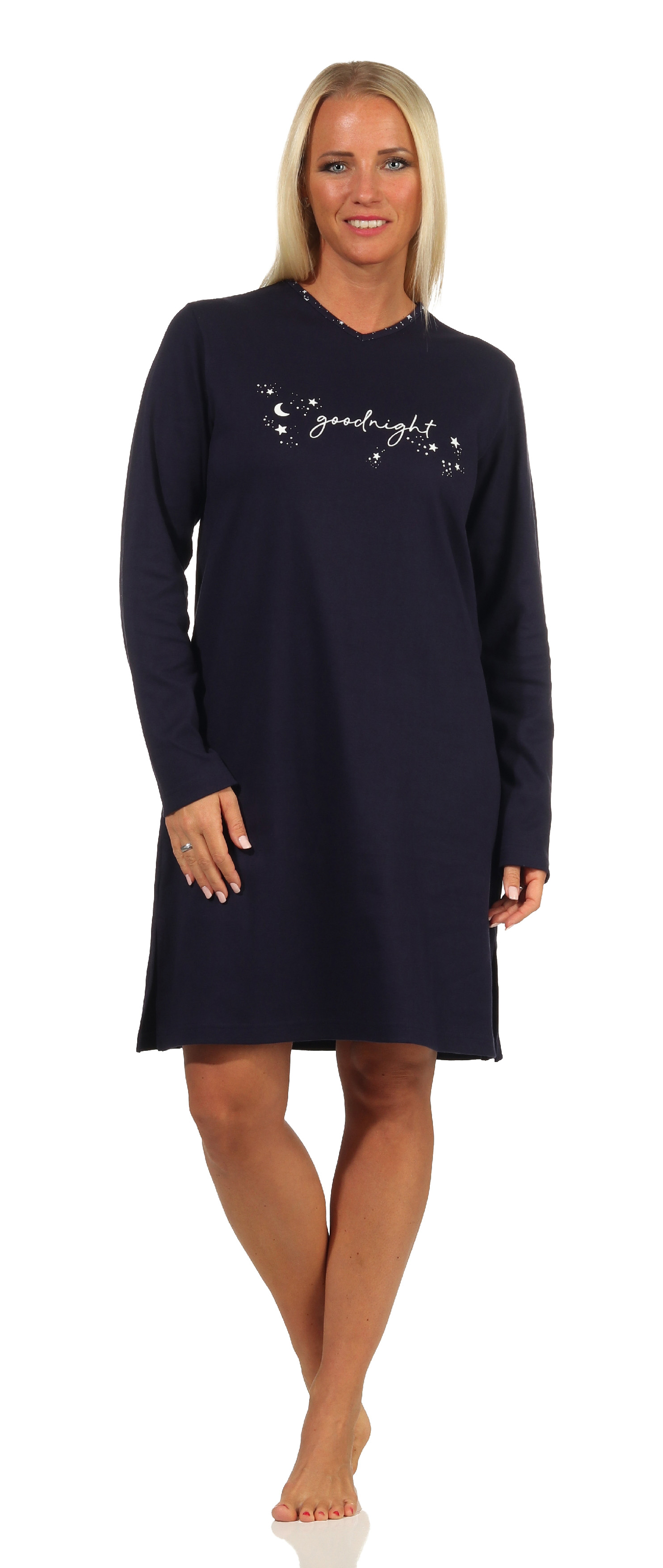 Damen Nachthemd langarm in Kuschel Interlock Qualität in cooler Sterne Optik - 212 213 022