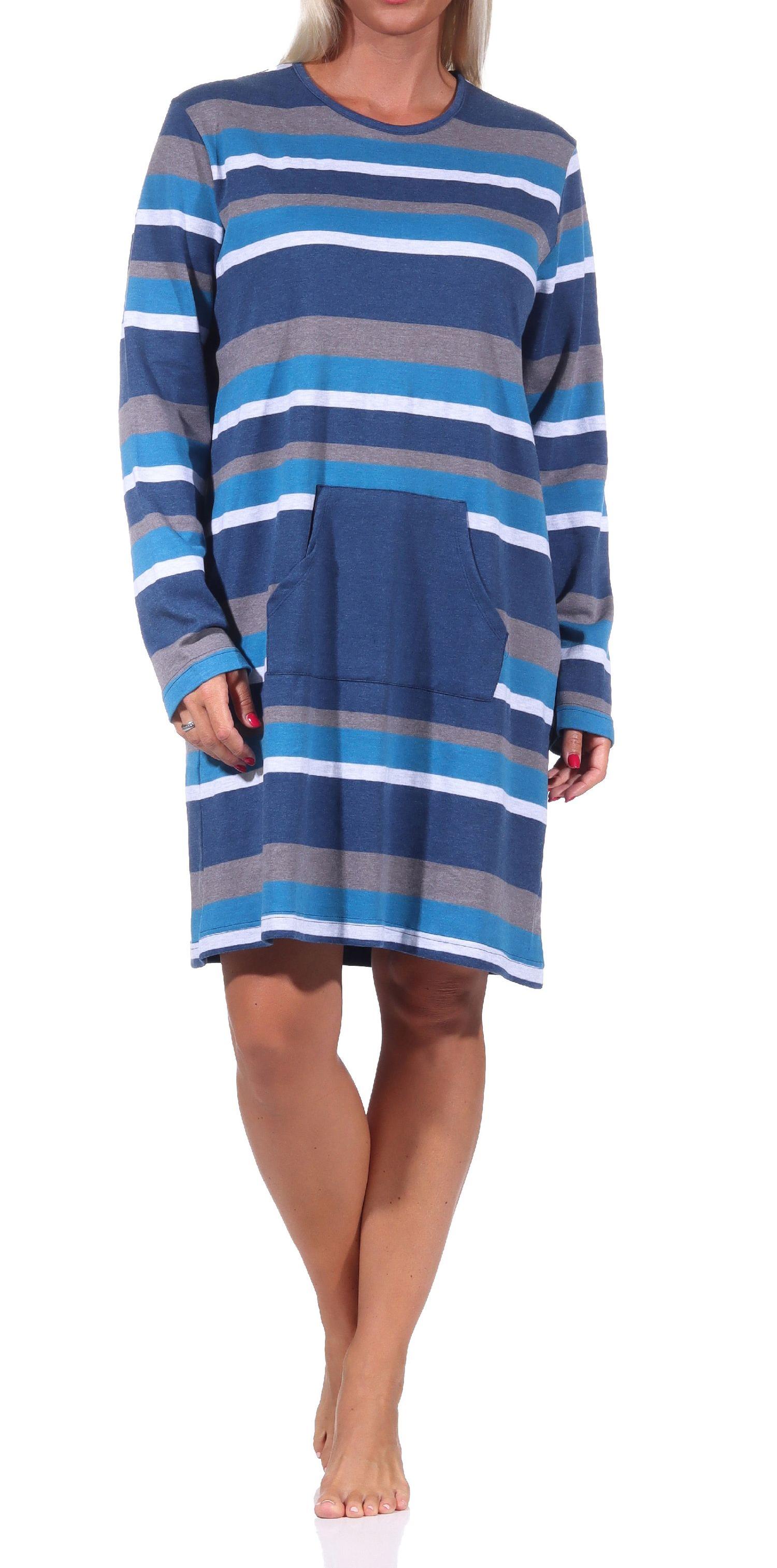 Cooles Damen Kuschel Interlock Nachthemd in Streifenoptik und mit aufgesetzter Tasche