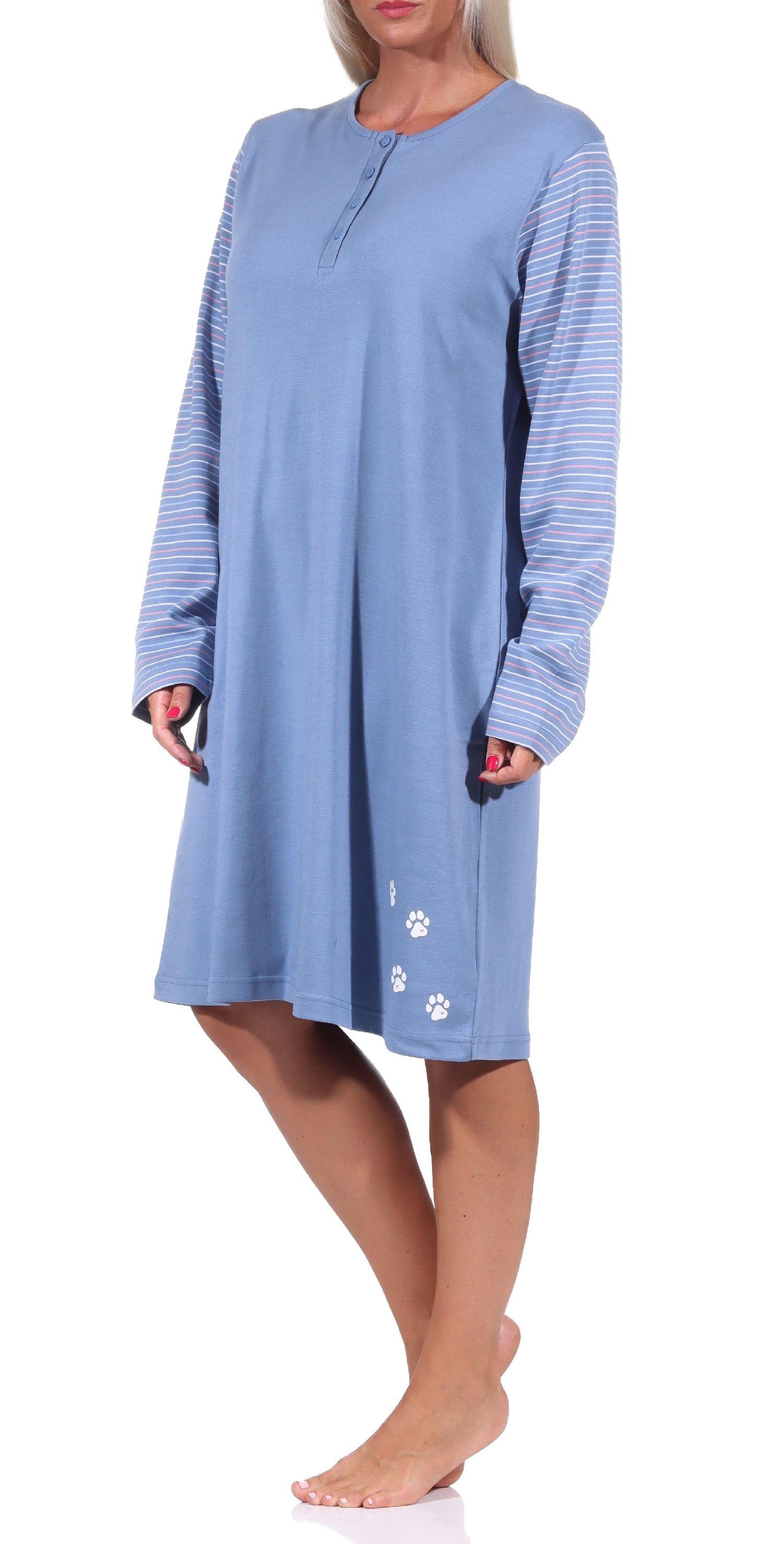 Damen Nachthemd langarm in Kuschel Interlock Qualität mit niedlichen Motiv - 212 213 226