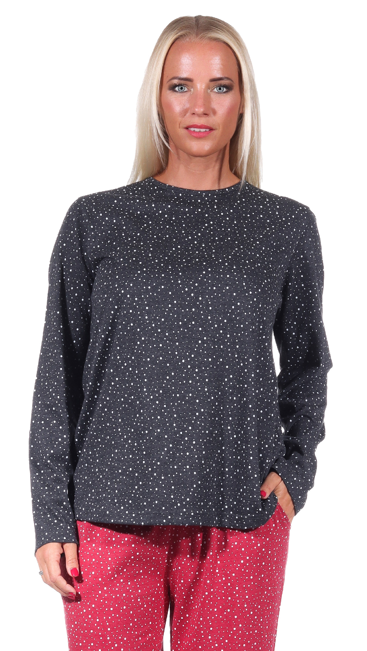 Damen Pyjama Shirt langarm Oberteil Mix & Match in Tupfen / Punkte Optik  - 212 219 90 904