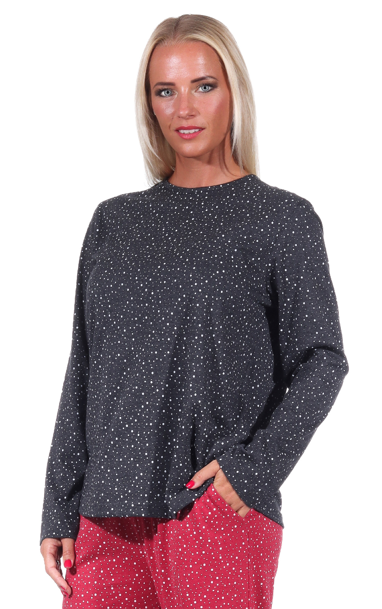 Damen Pyjama Shirt langarm Oberteil Mix & Match in Tupfen / Punkte Optik  - 212 219 90 904