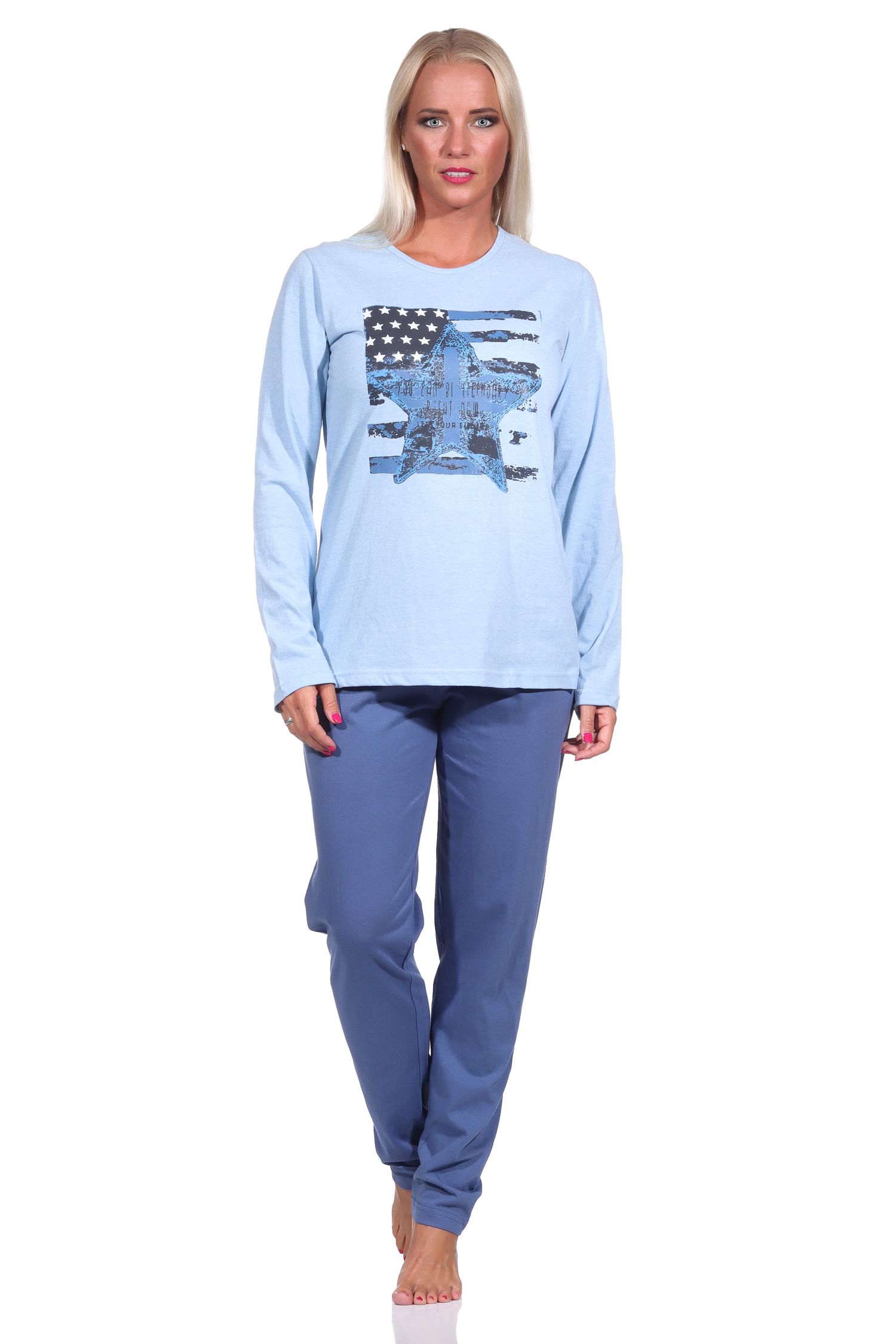 Damen langarm Schlafanzug Pyjama mit Sterne Motiv - 212 201 10 903