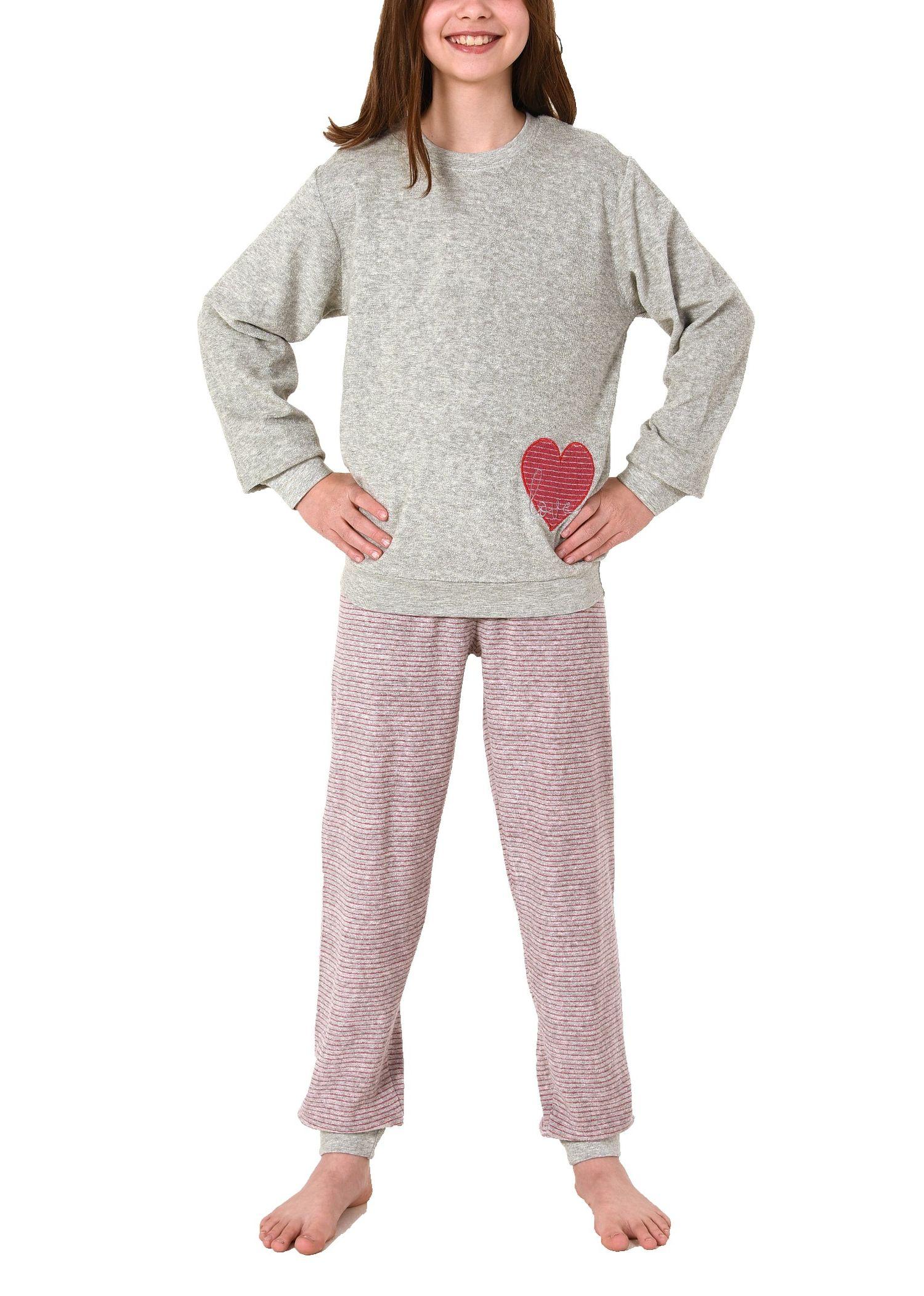 Mädchen Frottee Pyjama langarm mit Bündchen, Hose gestreift, Oberteil mit Herz-Motiv