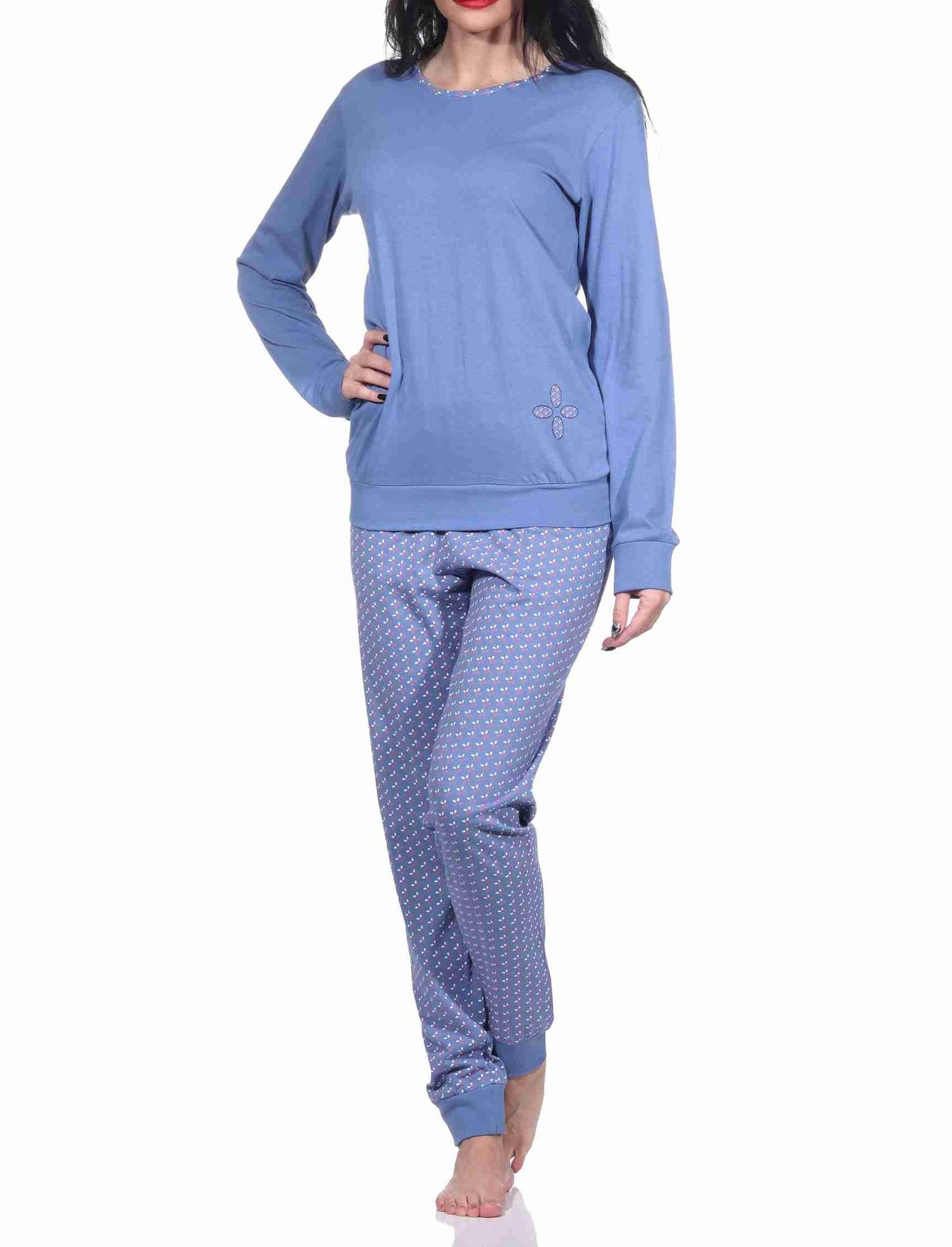 Damen langarm Schlafanzug Pyjama mit Bündchen und allover bedrucker Hose - 222 201 10 781