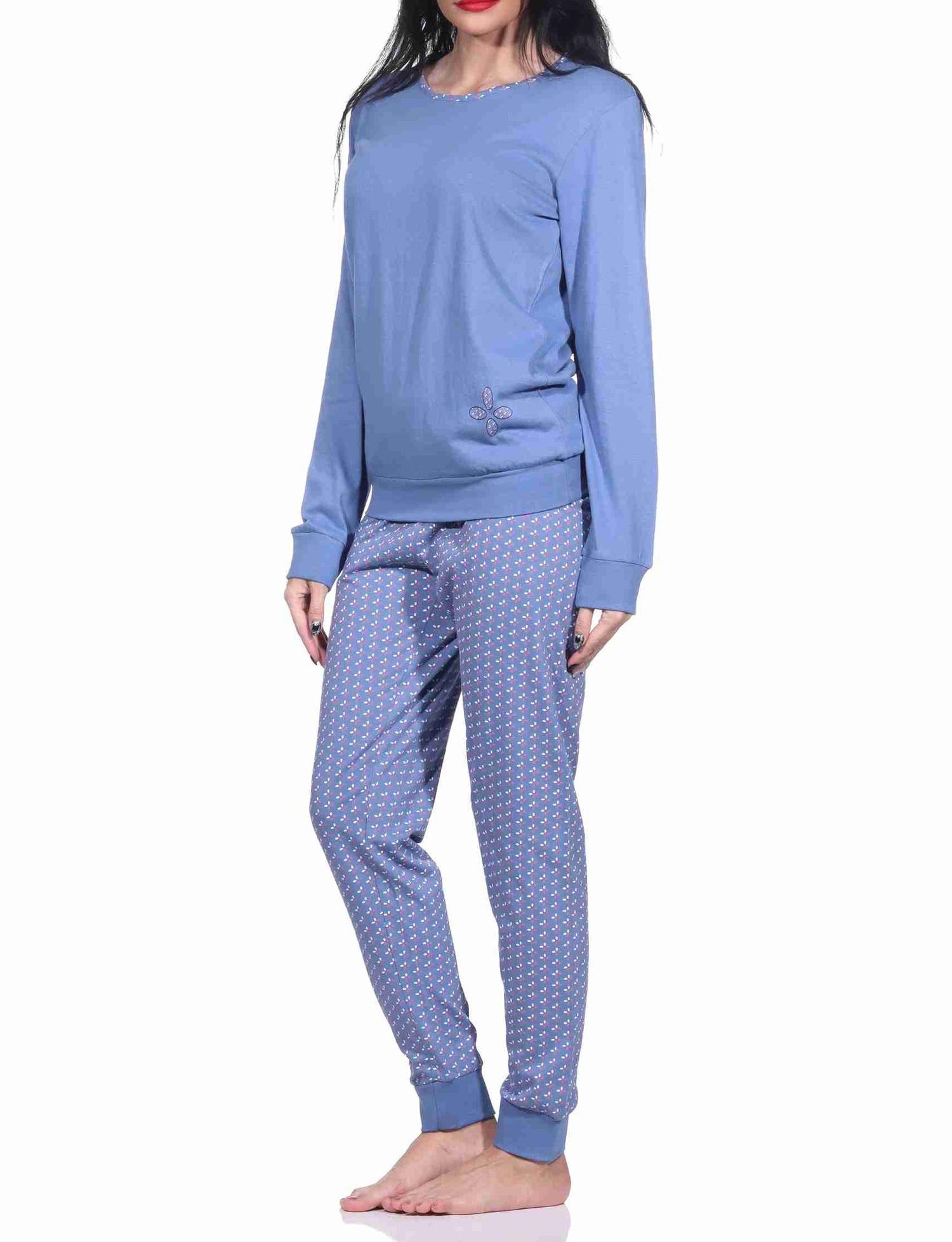 Damen langarm Schlafanzug Pyjama mit Bündchen und allover bedrucker Hose - 222 201 10 781