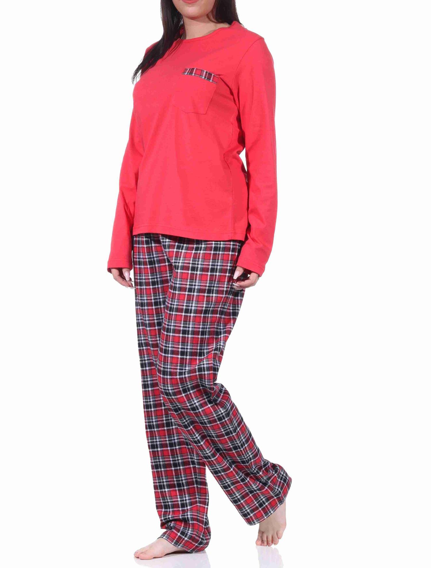 Damen Flanell Schlafanzug Pyjama Set lang mit Flanell Hose und Jersey Oberteil