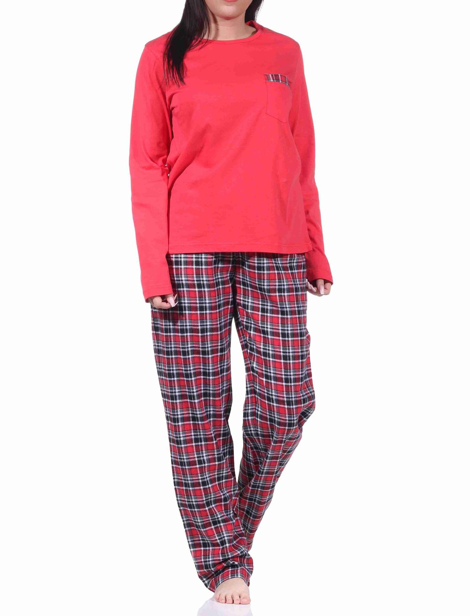 Damen Flanell Schlafanzug Pyjama Set lang mit Flanell Hose und Jersey Oberteil