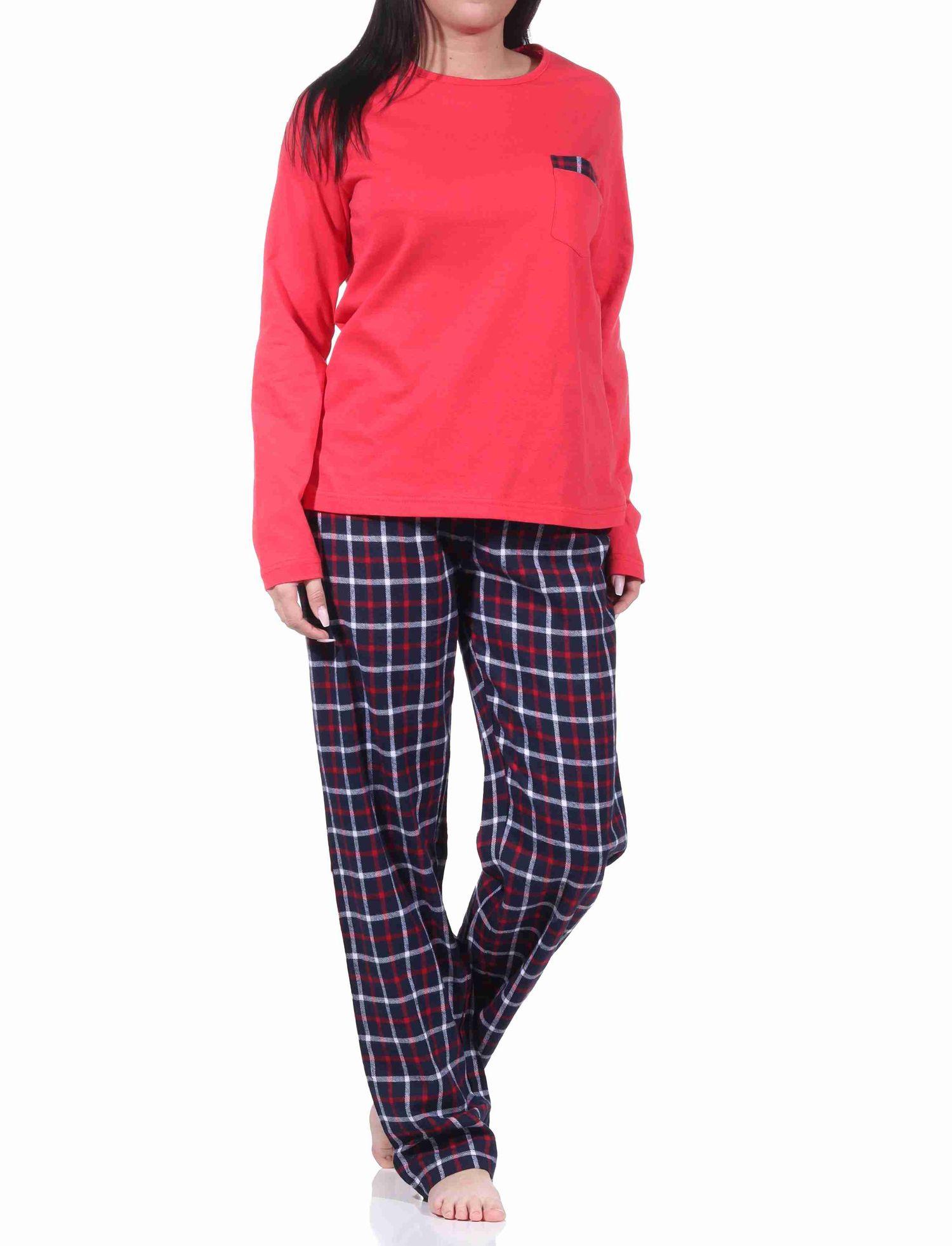 Damen langarm Flanell Pyjama Set mit Flanell Schlafanzug-Hose und Jersey Oberteil