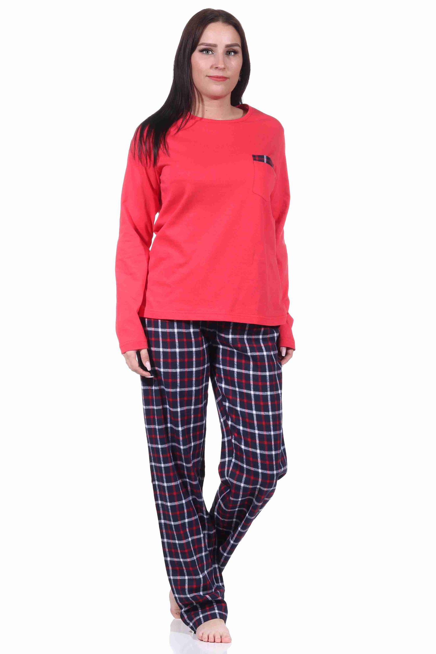 Damen langarm Flanell Pyjama Set mit Flanell Schlafanzug-Hose und Jersey Oberteil Damen langarm Flanell Pyjama Set mit Flanell Schlafanzug-Hose und Jersey Oberteil