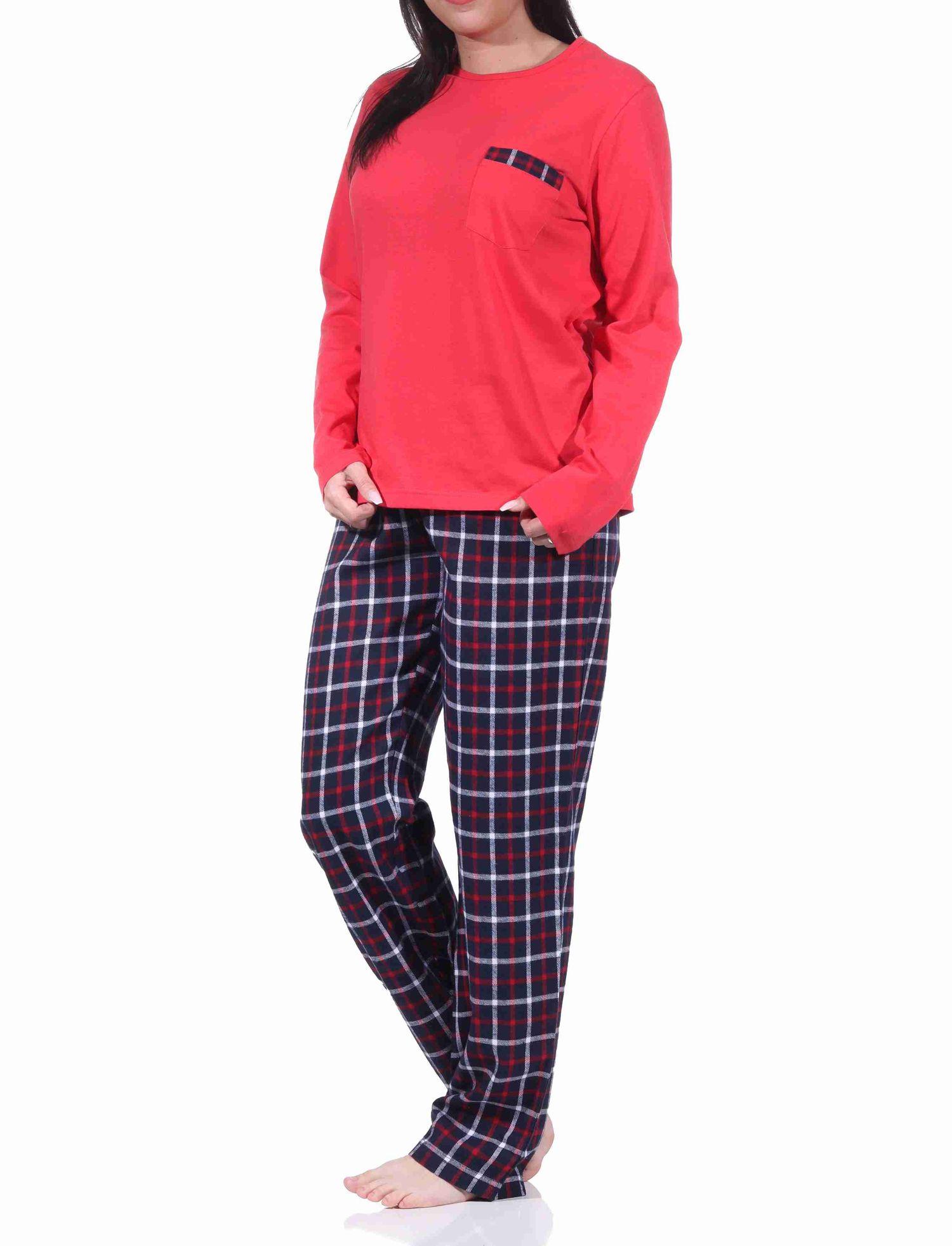 Damen langarm Flanell Pyjama Set mit Flanell Schlafanzug-Hose und Jersey Oberteil