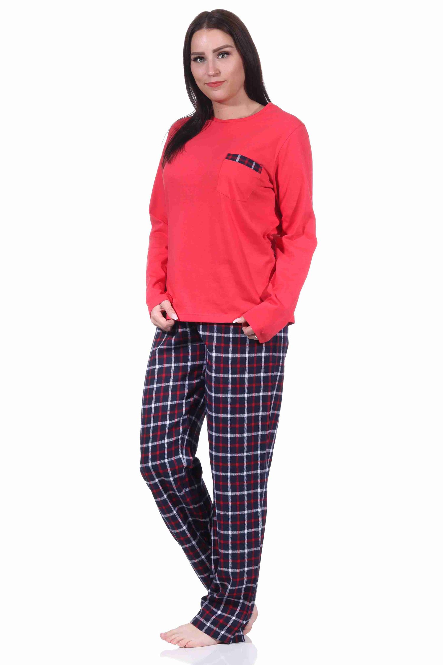 Damen langarm Flanell Pyjama Set mit Flanell Schlafanzug-Hose und Jersey Oberteil Damen langarm Flanell Pyjama Set mit Flanell Schlafanzug-Hose und Jersey Oberteil