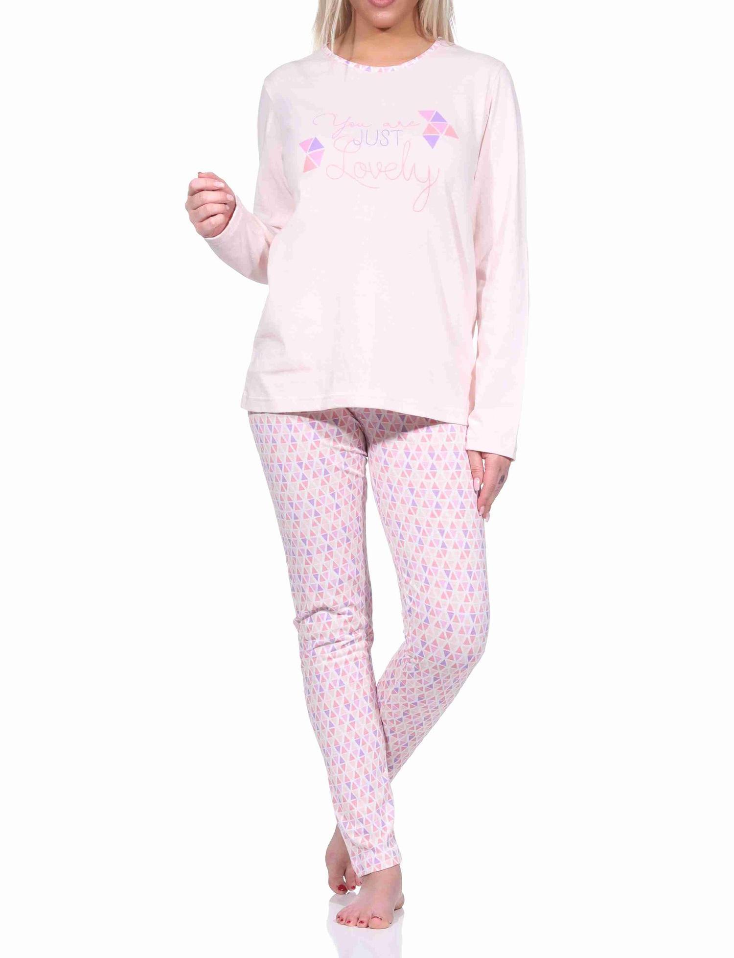 Damen langarm Schlafanzug Pyjama mit allover Druck und Frontprint - 191 201 10 856