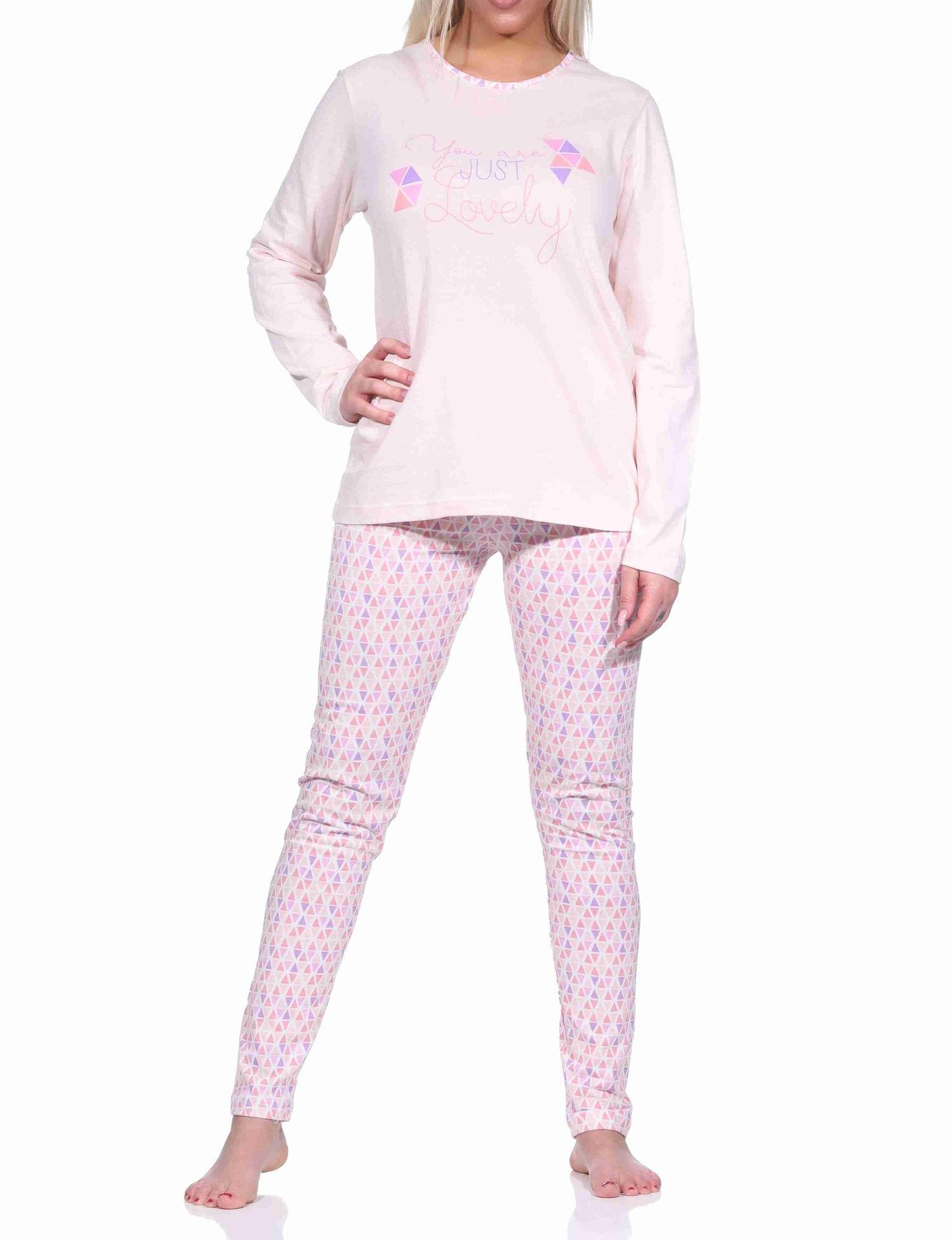 Damen langarm Schlafanzug Pyjama mit allover Druck und Frontprint - 191 201 10 856