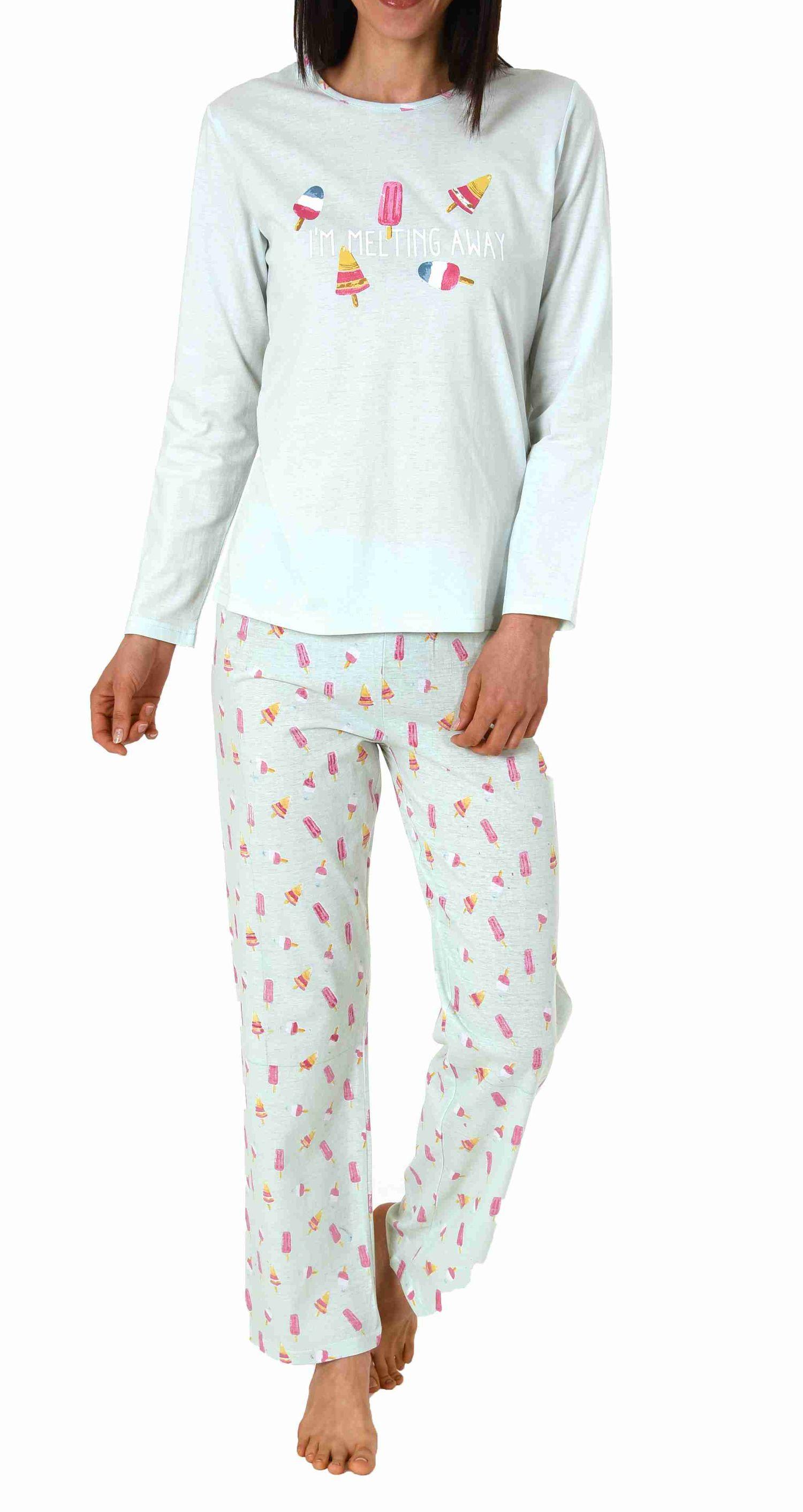 Cooler Damen Schlafanzug lang mit süssen Motiv, Pyjamahose allover bedruckt