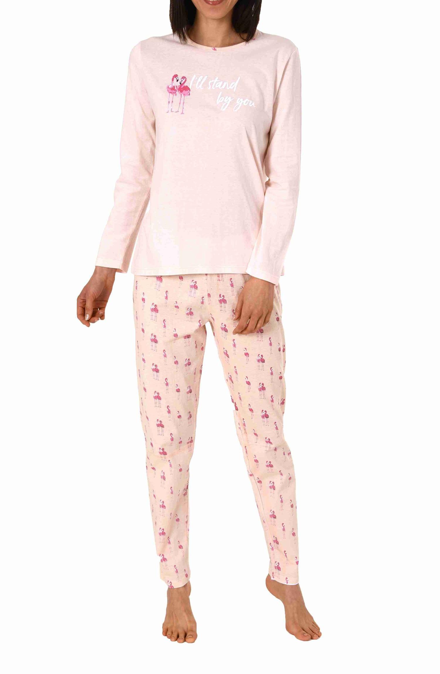 Eleganter Damen Schlafanzug lang mit Flamingo als Motiv, Pyjamahose allover bedruckt