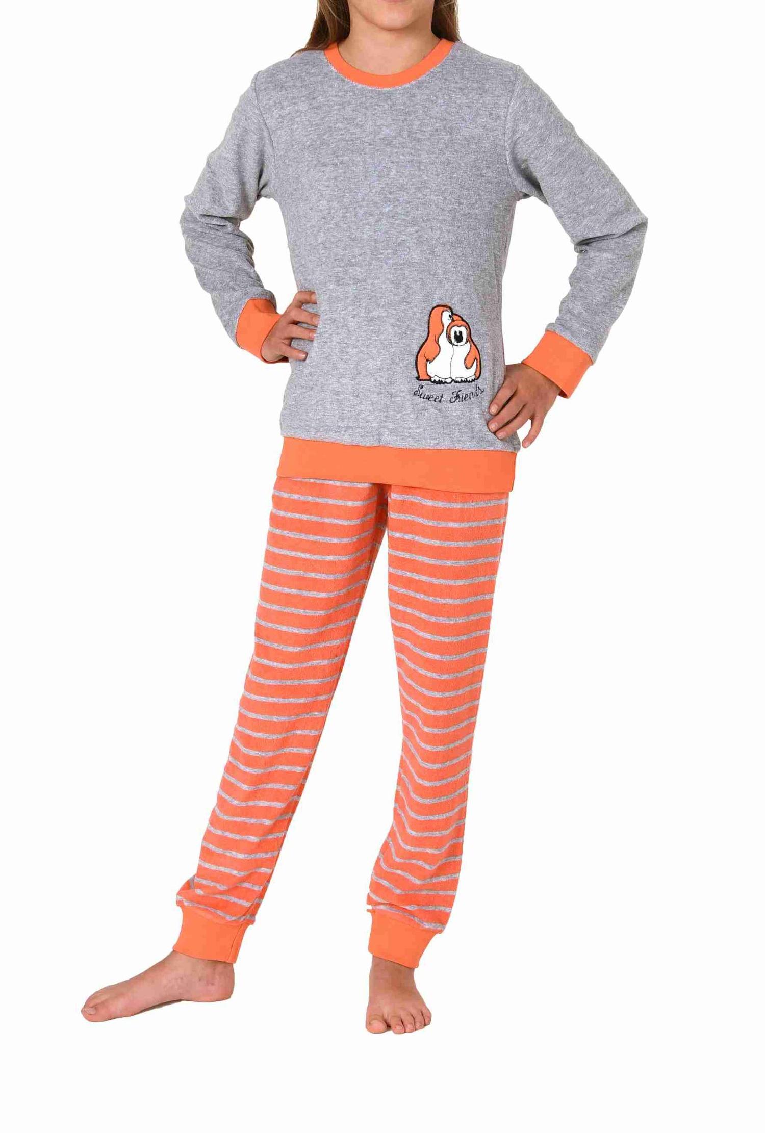 Mädchen Frottee Schlafanzug langarm Pyjama mit Bündchen und niedlicher Pinguin-Stickerei