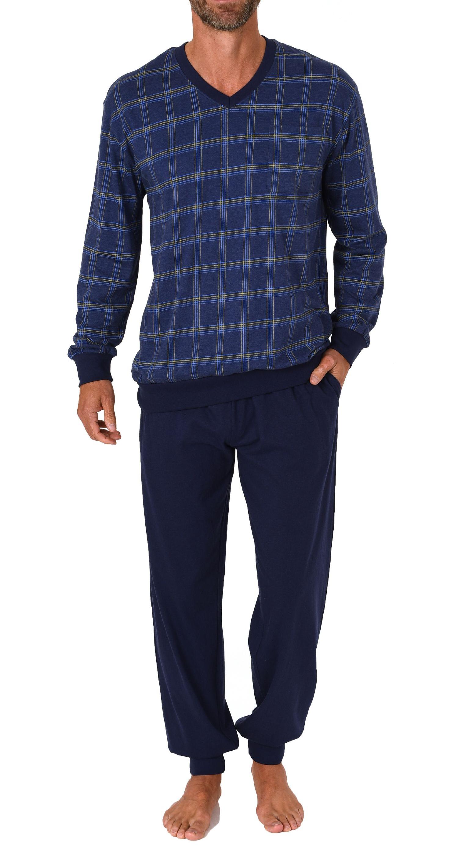 Herren Schlafanzug langarm Pyjama mit Bündchen und karierten Oberteil - 122 101 90 445