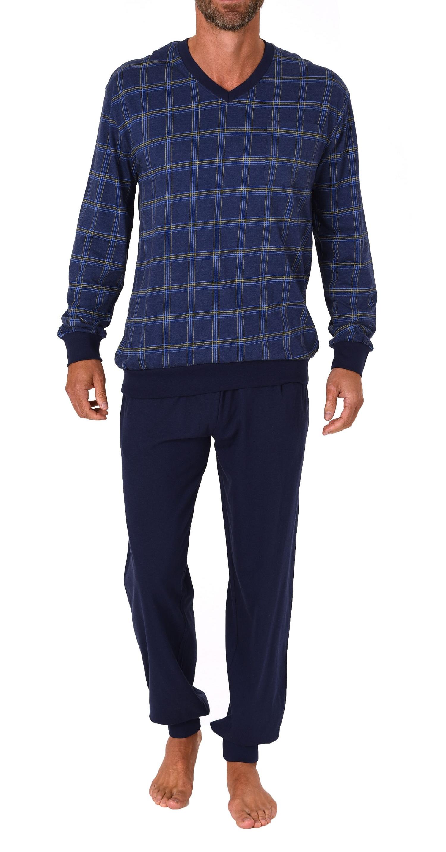 Herren Schlafanzug langarm Pyjama mit Bündchen und karierten Oberteil - 122 101 90 445