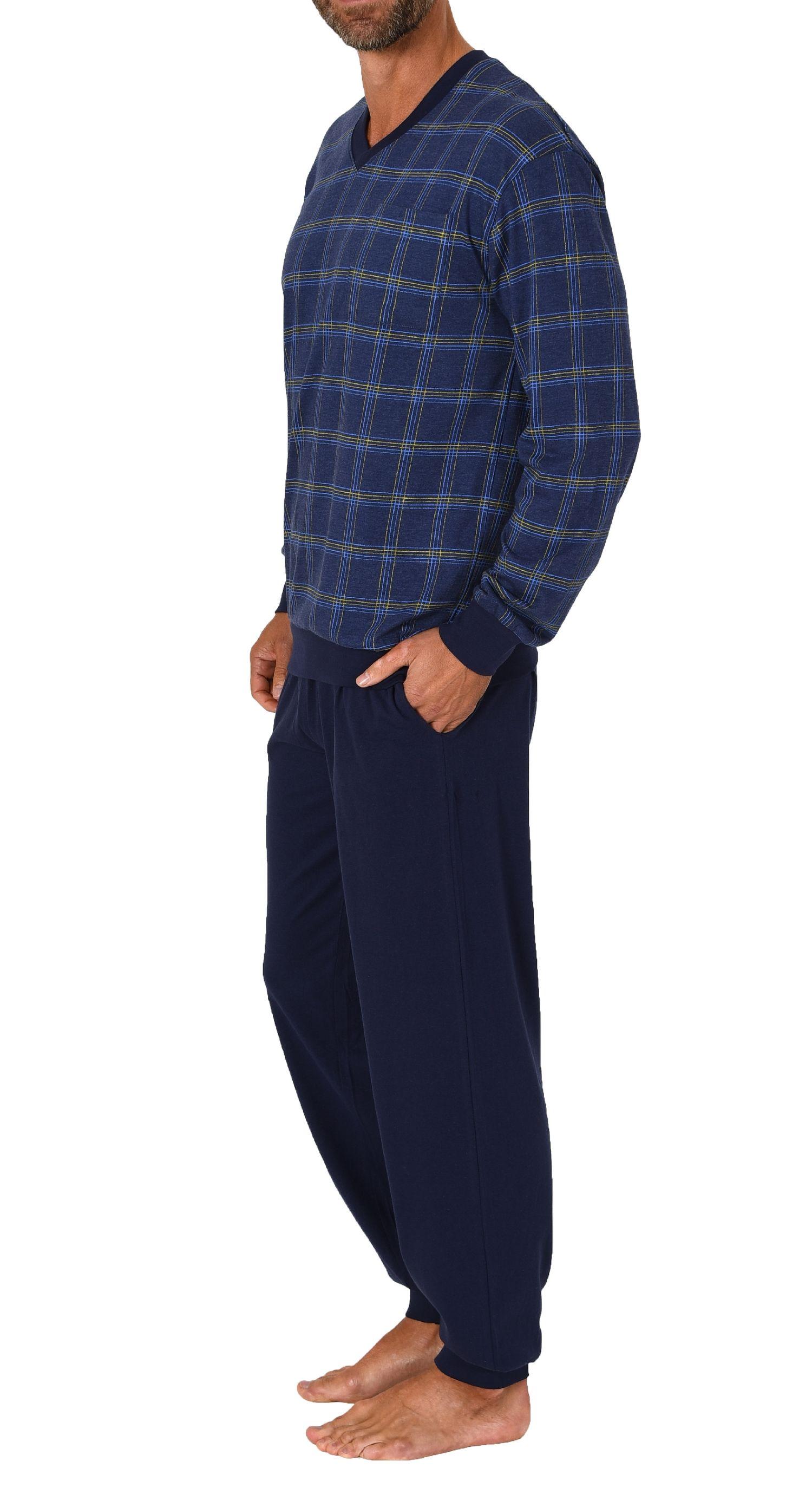 Herren Schlafanzug langarm Pyjama mit Bündchen und karierten Oberteil - 122 101 90 445