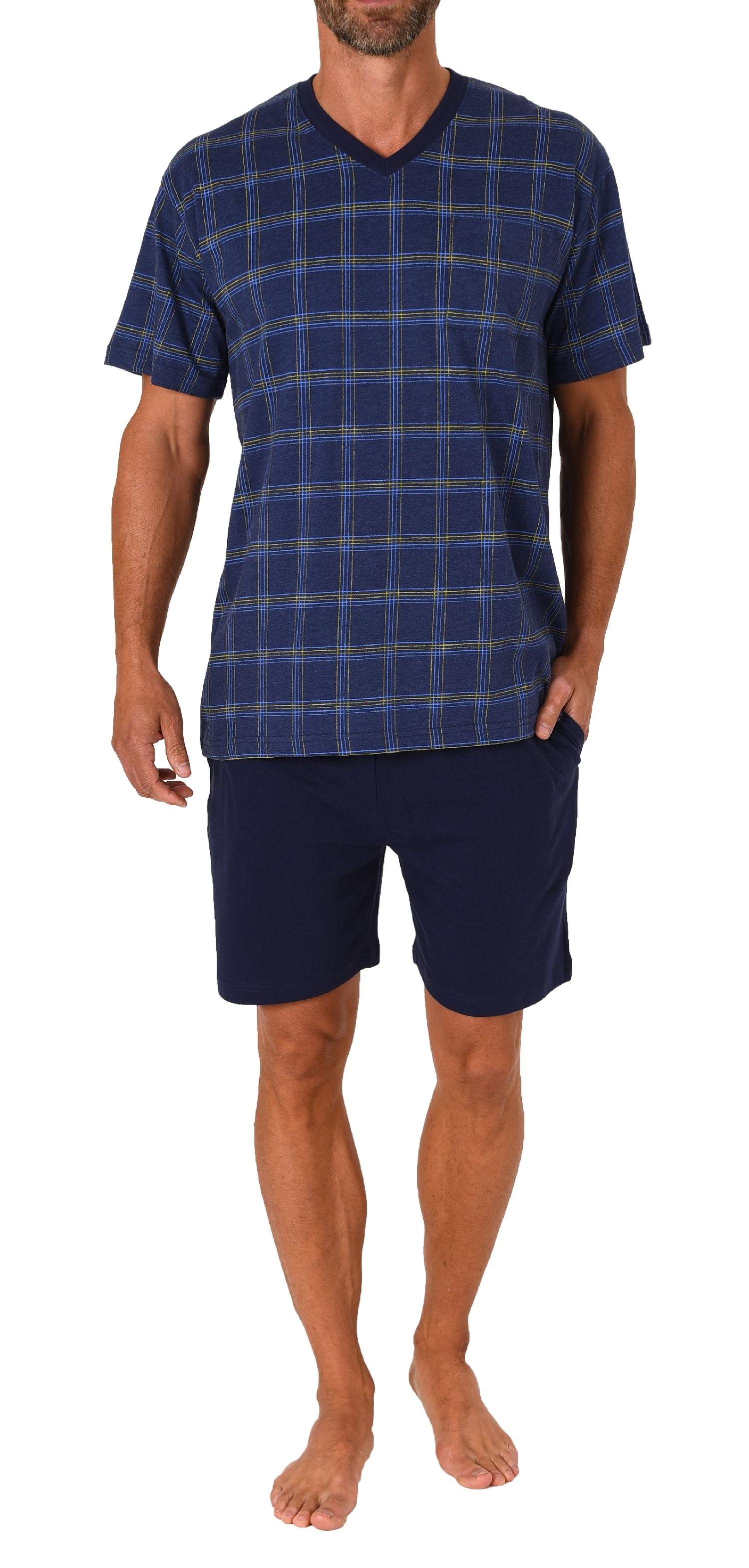 Herren kurzarm Schlafanzug Shorty Pyjama mit karierten Oberteil - 122 105 90 445