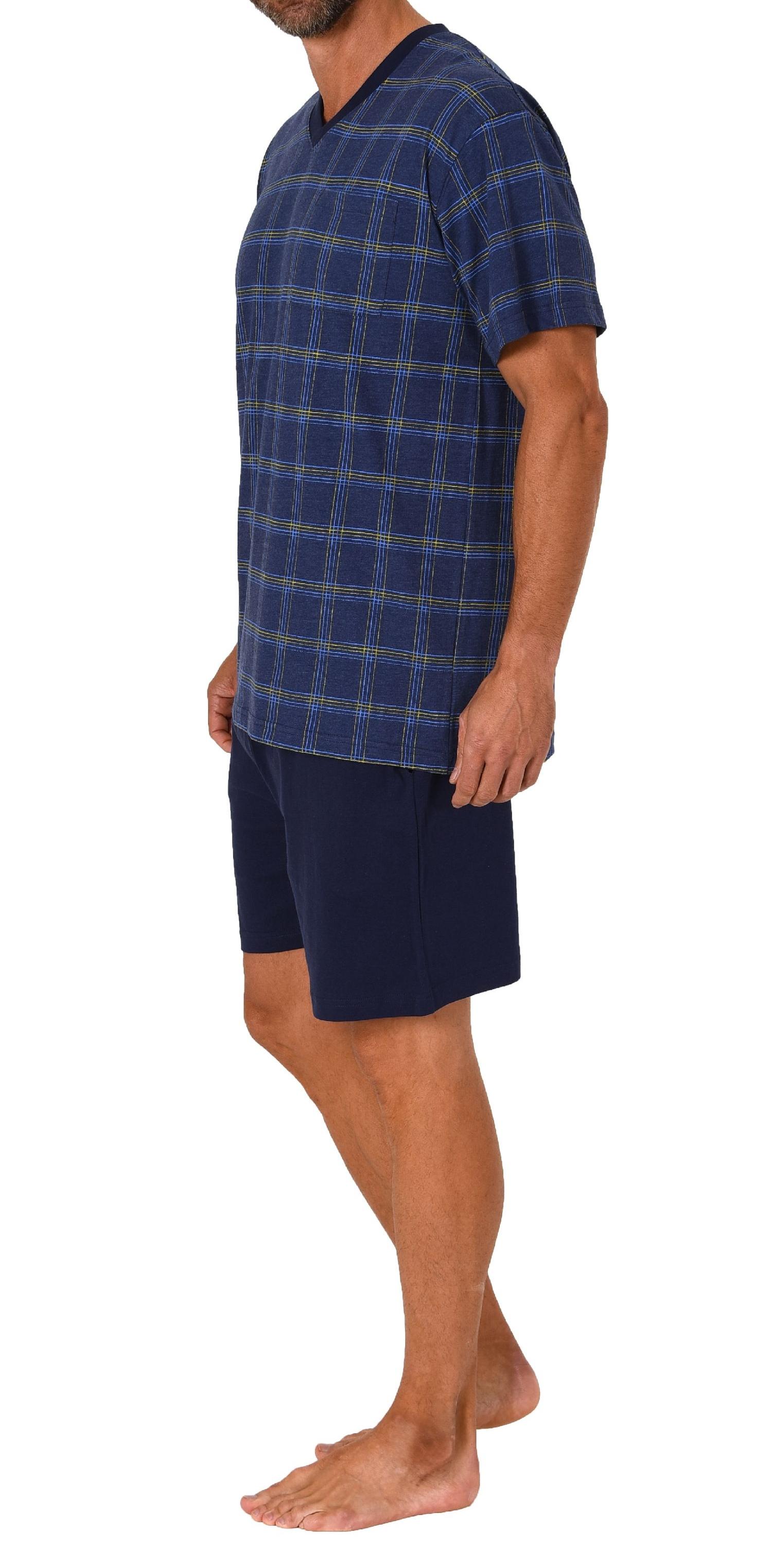 Herren kurzarm Schlafanzug Shorty Pyjama mit karierten Oberteil - 122 105 90 445