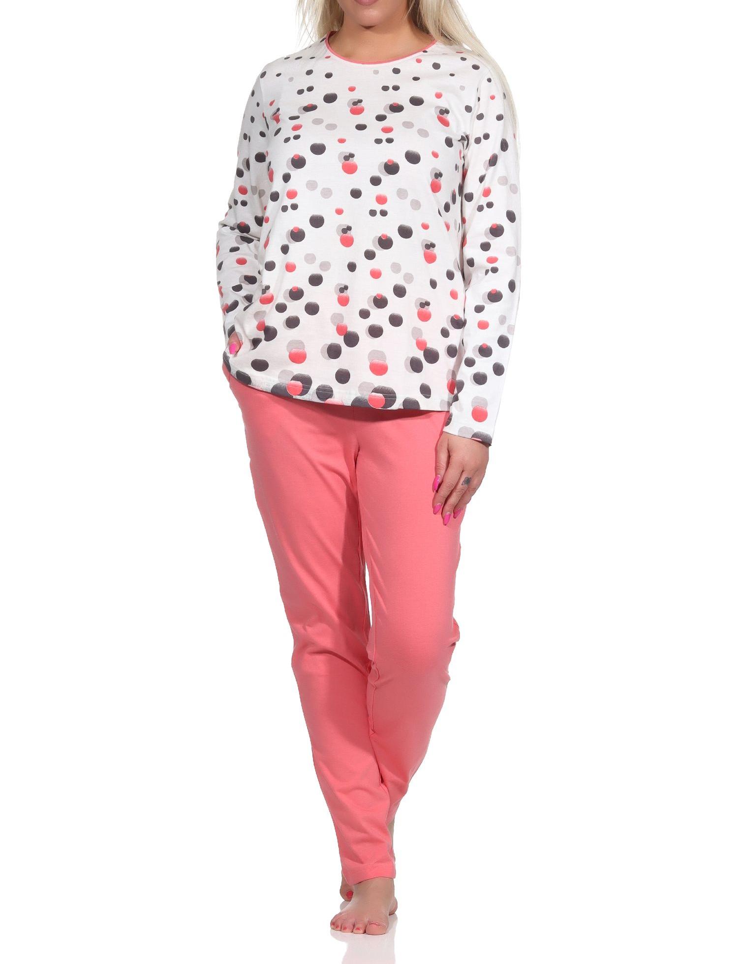 Damen langarm Schlafanzug Pyjama in Tupfen-Punkte Optik - auch in Übergrössen