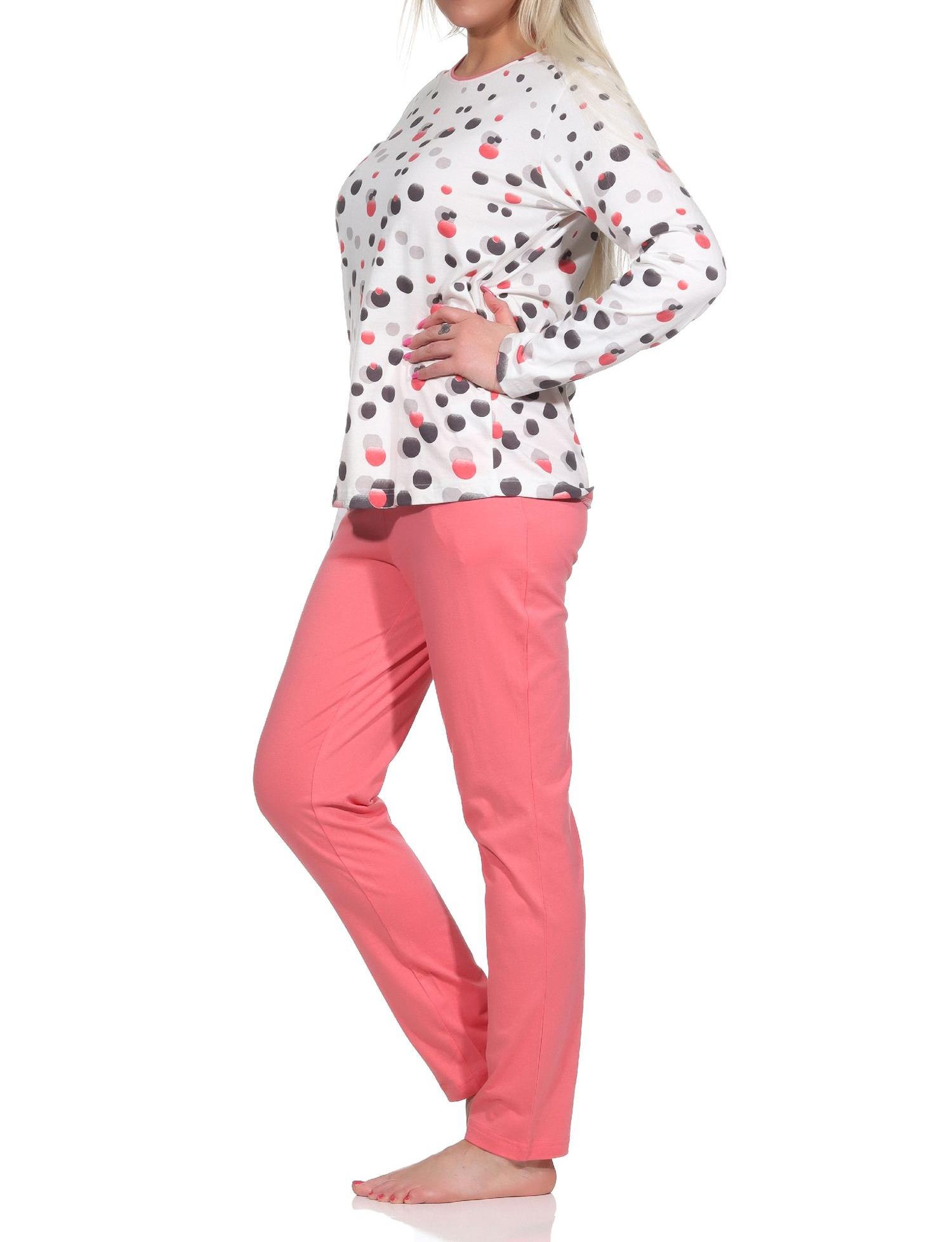 Damen langarm Schlafanzug Pyjama in Tupfen-Punkte Optik - auch in Übergrössen