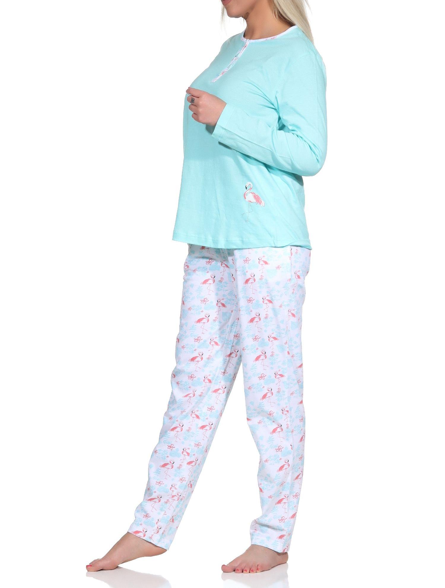 Eleganter Damen Schlafanzug langarm Pyjama mit Flamingo Motiv und Knopfleiste am Hals