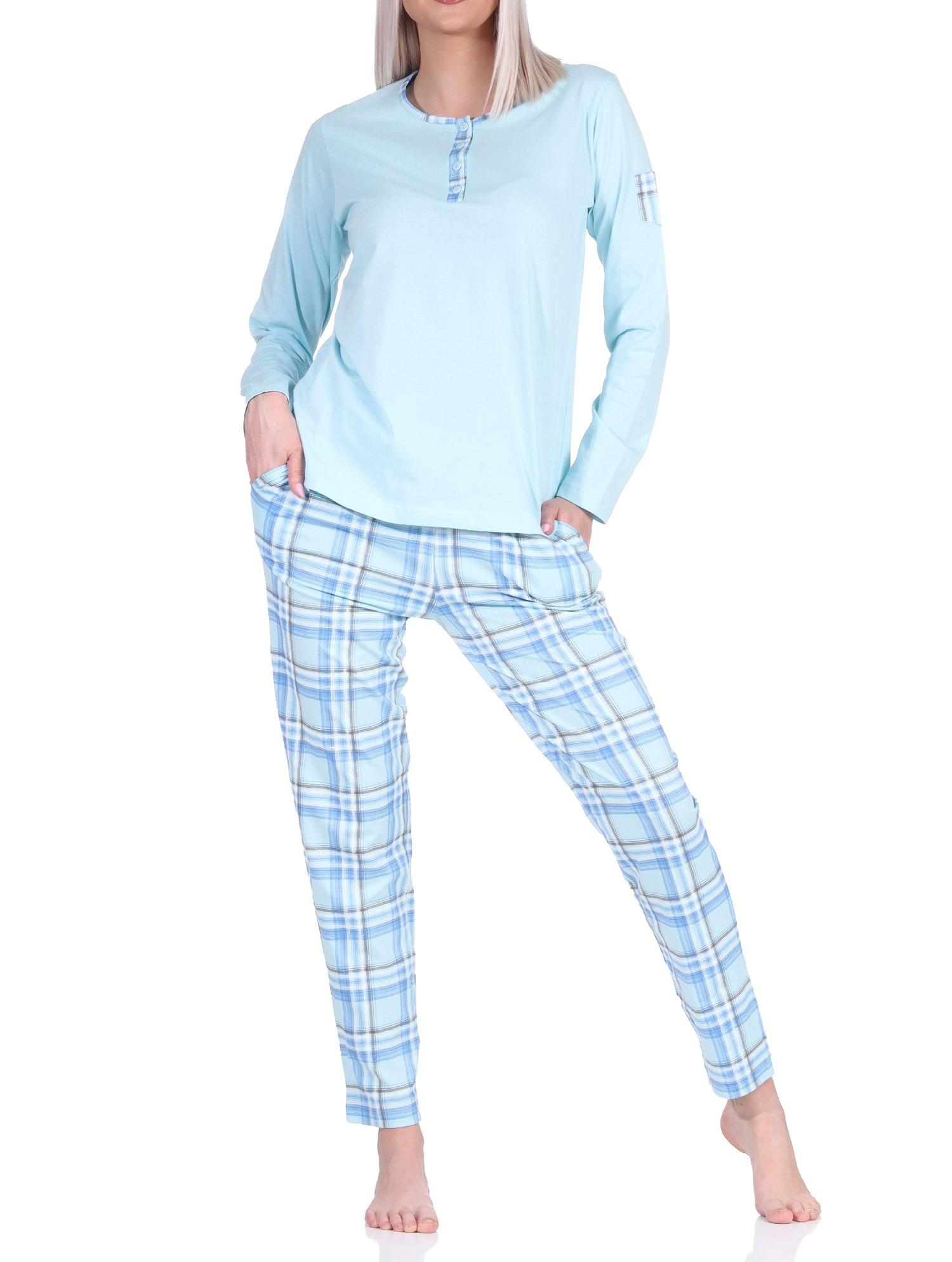Edler Damen Schlafanzug langarm Pyjama mit karierter Hose aus Jersey - auch in Übergrössen