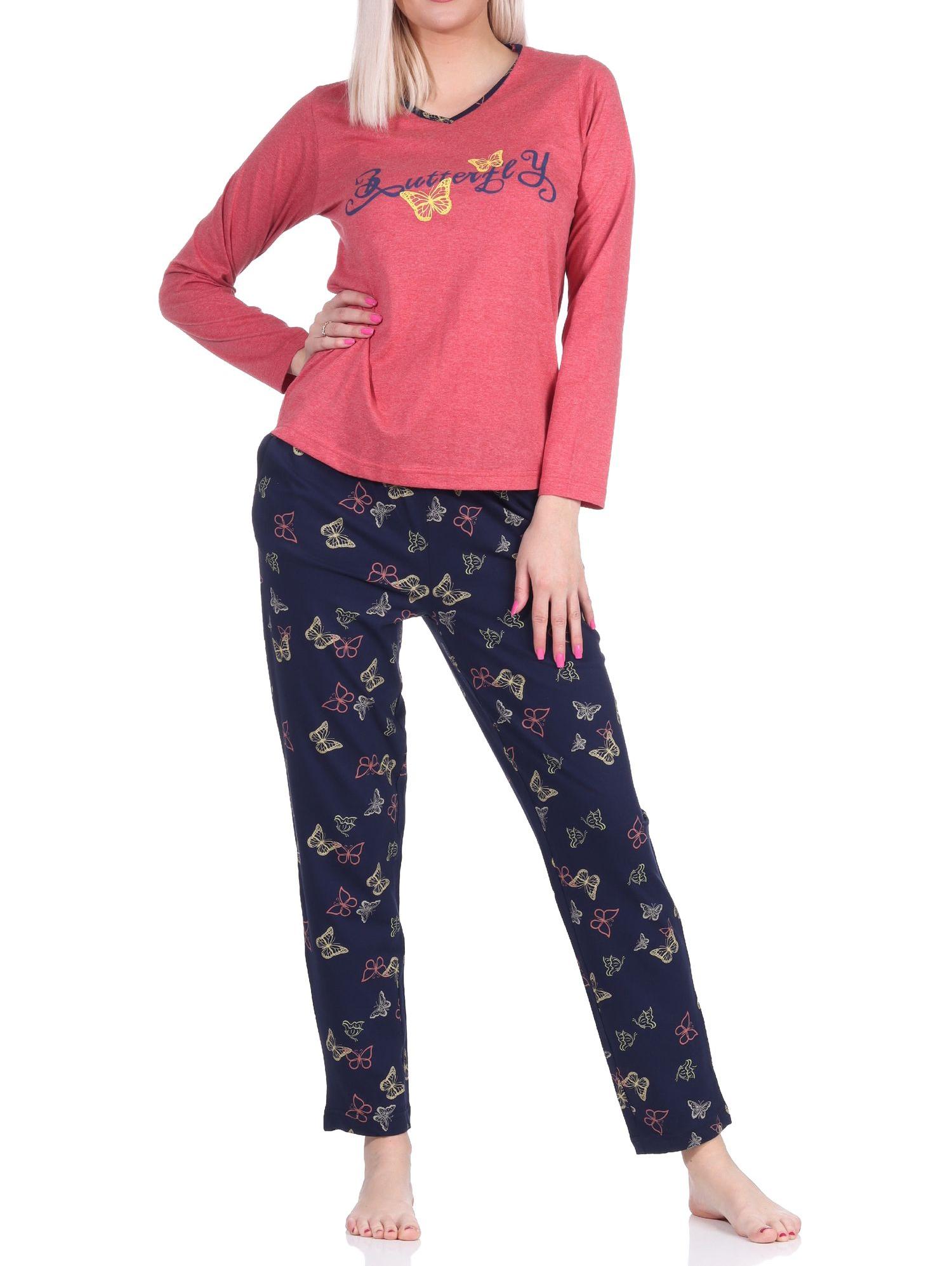 Toller Damen langarm Schlafanzug Pyjama mit Schmetterling als Motiv - auch in Übergrössen
