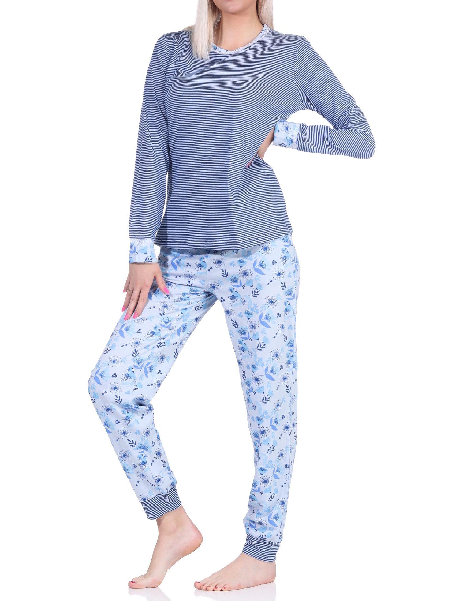 Eleganter Damen Pyjama Schlafanzug langarm mit Bündchen und Spitze - auch in Übergrössen