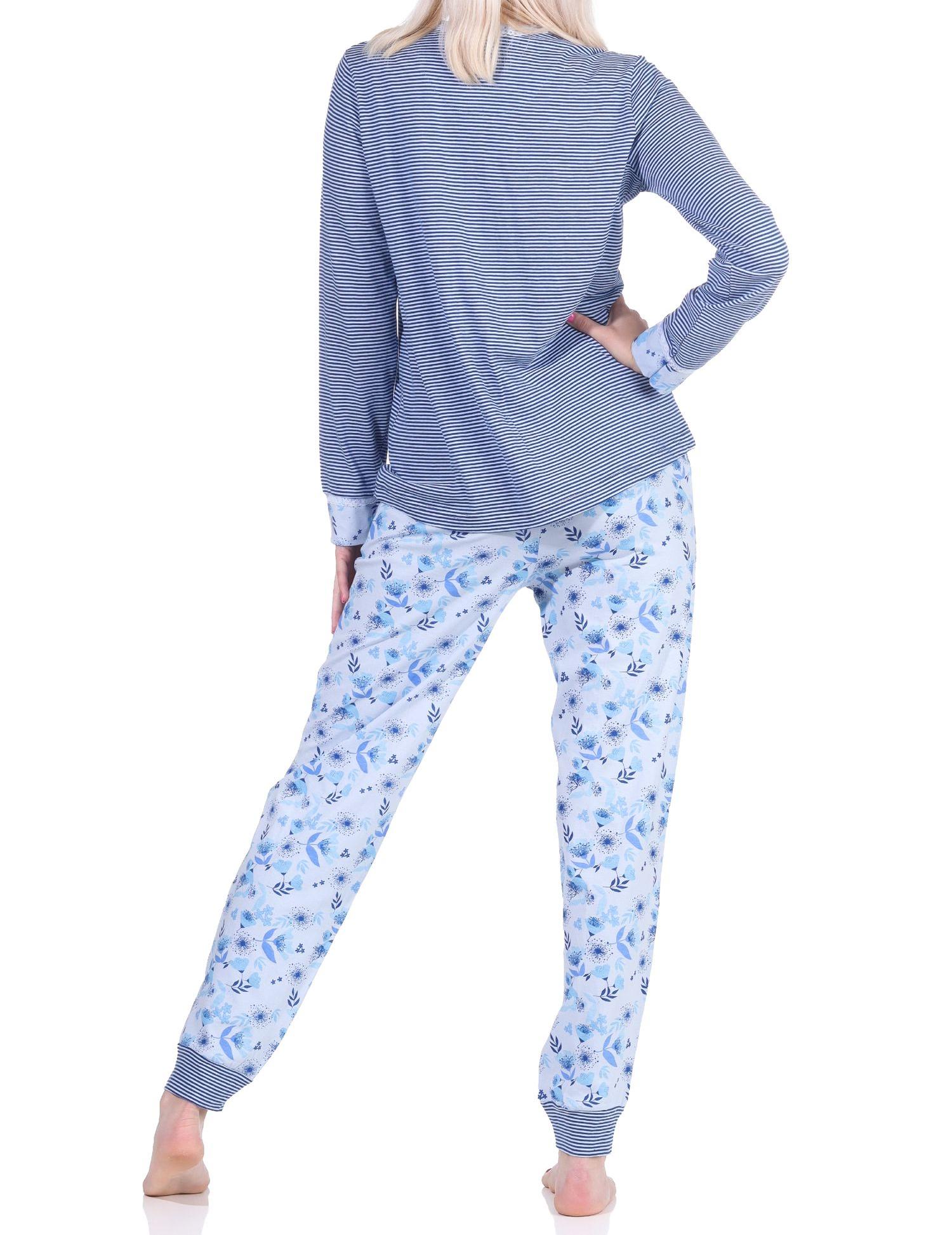 Eleganter Damen Pyjama Schlafanzug langarm mit Bündchen und Spitze - auch in Übergrössen