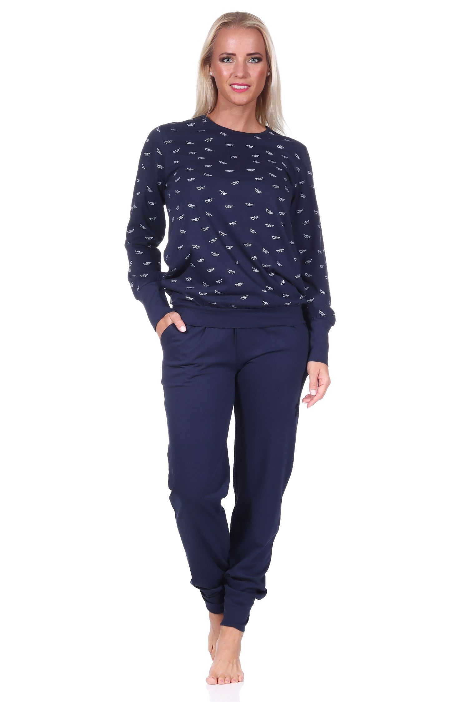 Damen Schlafanzug mit Bündchen langarm Pyjama in maritimer Optik - auch in Übergrössen Damen Schlafanzug mit Bündchen langarm Pyjama in maritimer Optik - auch in Übergrössen