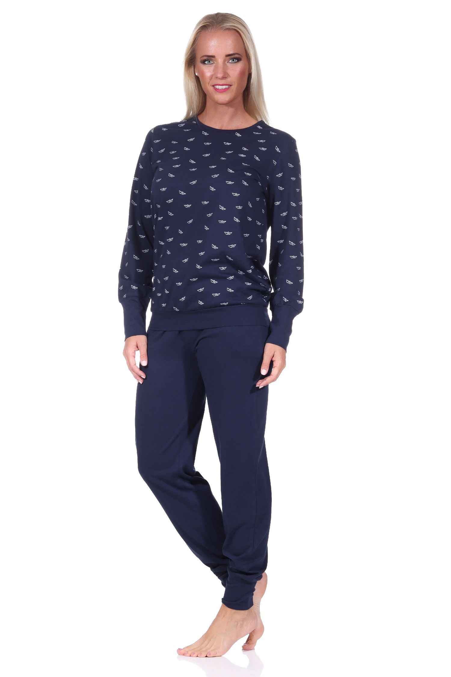 Damen Schlafanzug mit Bündchen langarm Pyjama in maritimer Optik - auch in Übergrössen - 122 201 90 86 Damen Schlafanzug mit Bündchen langarm Pyjama in maritimer Optik - auch in Übergrössen